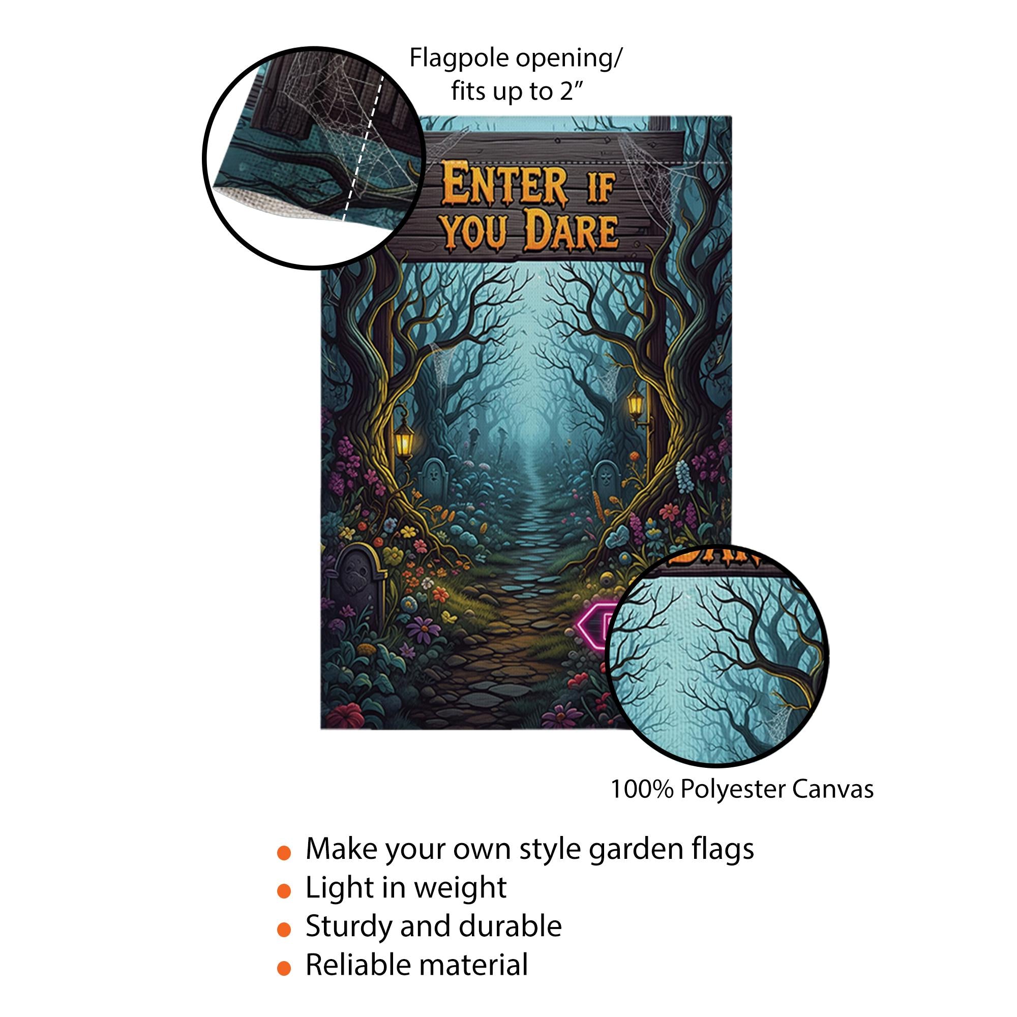 Spooky Halloween Garden Flag - Enter If You Dare Sign with Neon Exit, Creepy Graveyard Yard Decor, Scary Outdoor Fall Decoration