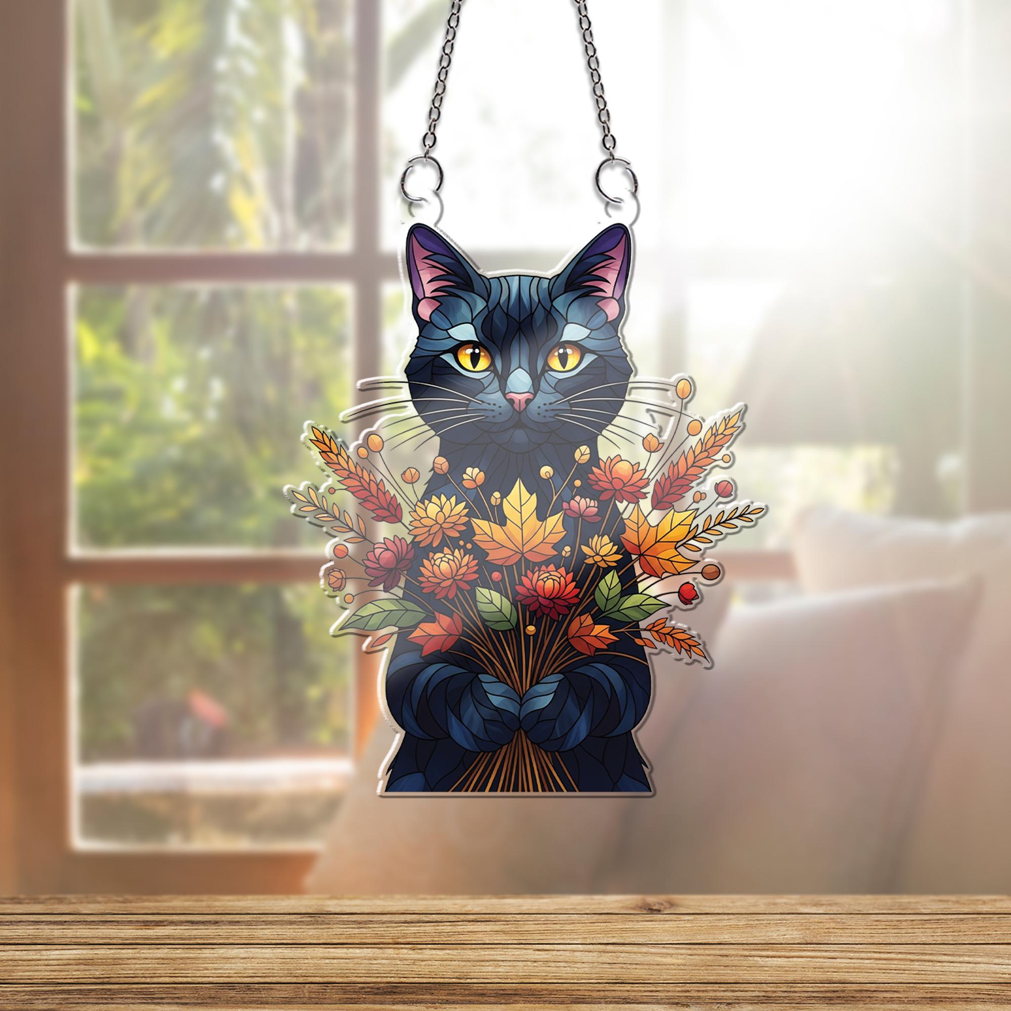 Fall Cat Suncatcher - Autumn Floral Black Cat Window Hanging Decor, Cute Stained Glass Style Sun Catcher for Cat Lovers & Home Gift