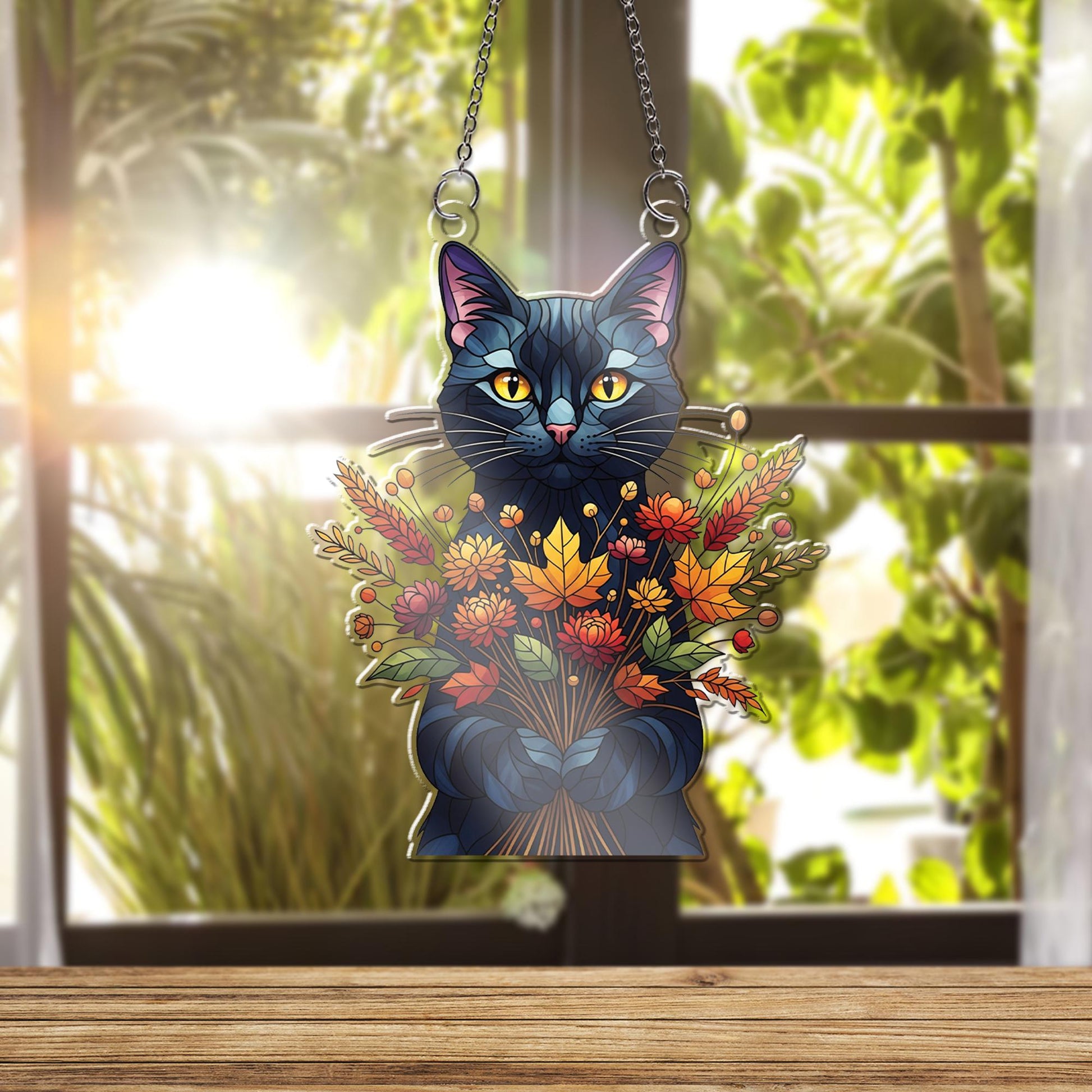 Fall Cat Suncatcher - Autumn Floral Black Cat Window Hanging Decor, Cute Stained Glass Style Sun Catcher for Cat Lovers & Home Gift