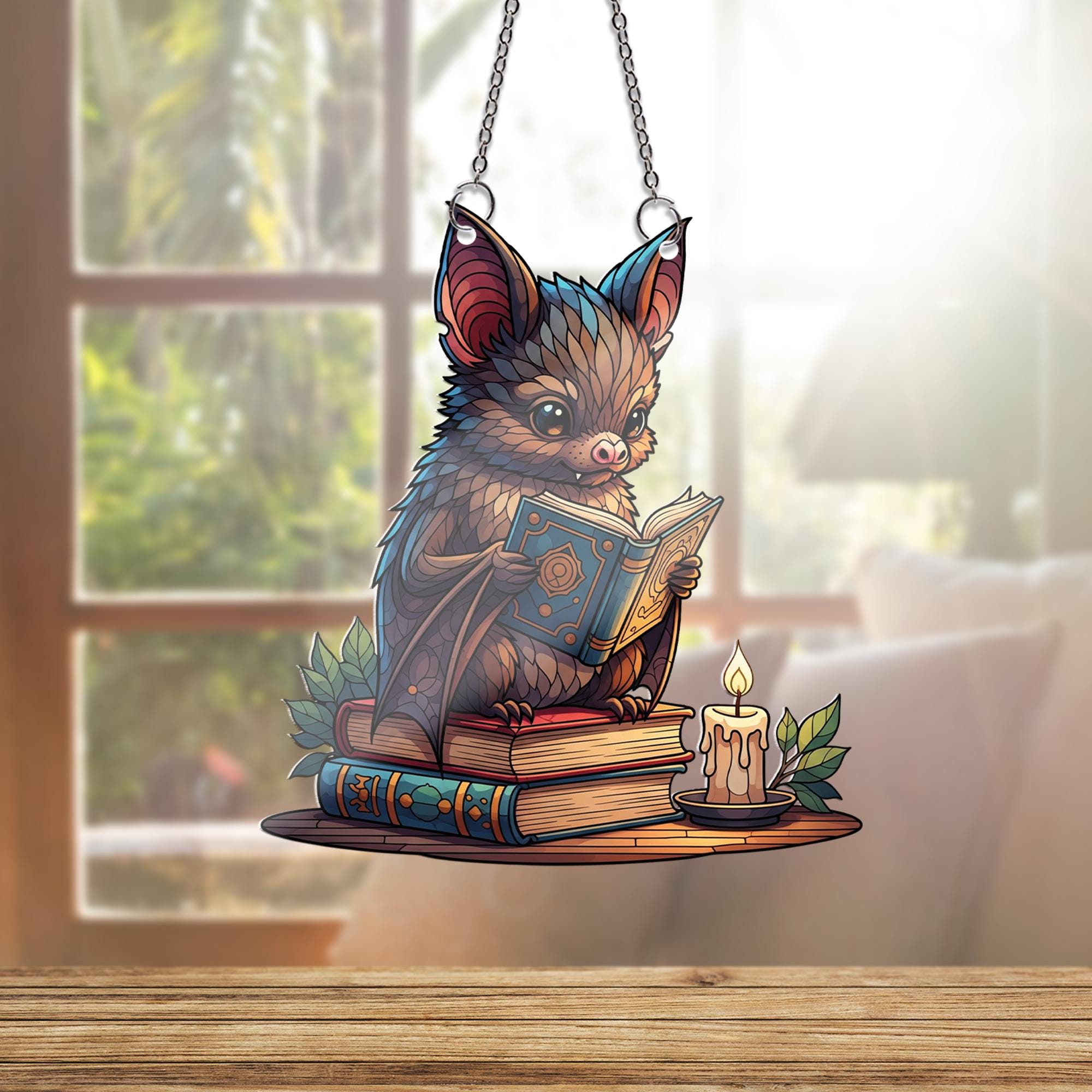 Bookish Bat Suncatcher - Cute Reading Bat Window Hanging Decor, Gothic Cottagecore Sun Catcher for Book Lovers & Cozy Home Gift