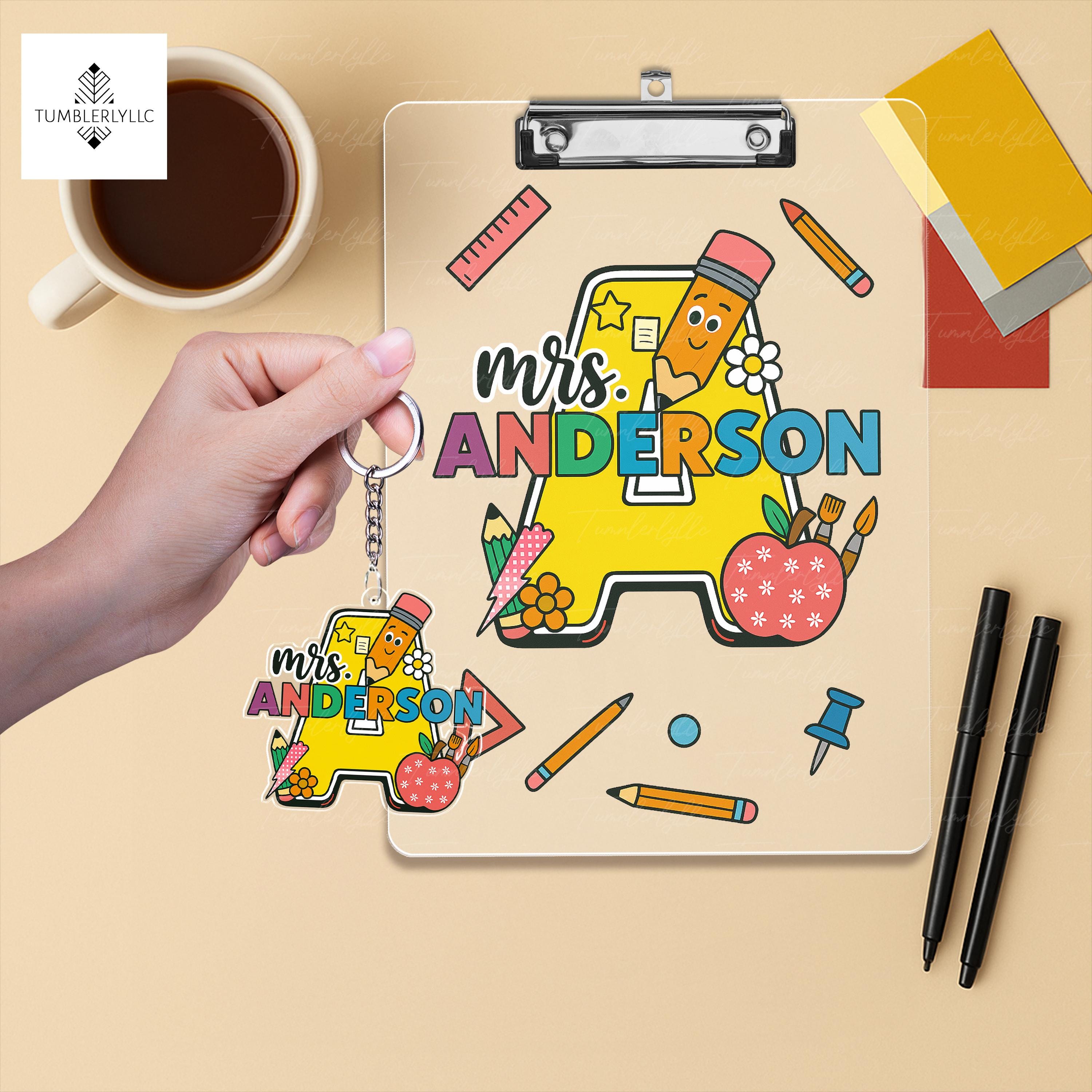 Personalized Teacher Clipboard and Keychain, Custom Gift for Teachers, Cute Back to School Supplies, Pencil and Apple Design