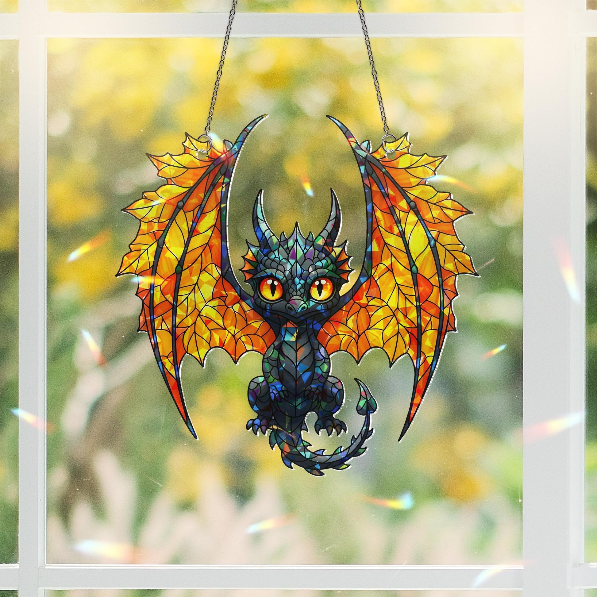 Holographic Dragon Suncatcher - Stained Glass Baby Dragon Window Hanging, Fantasy Creature Decor, Gothic Fairycore Gift for Home