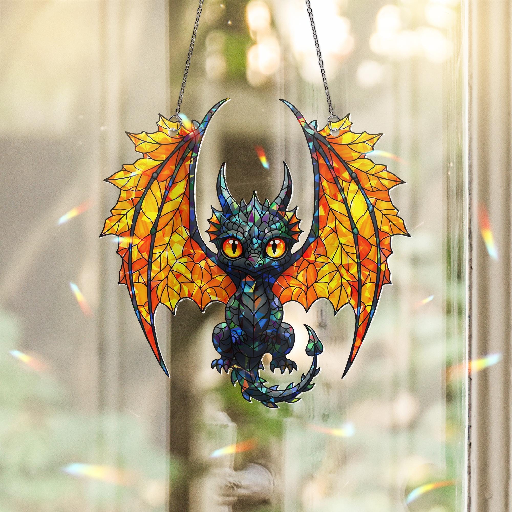 Holographic Dragon Suncatcher - Stained Glass Baby Dragon Window Hanging, Fantasy Creature Decor, Gothic Fairycore Gift for Home