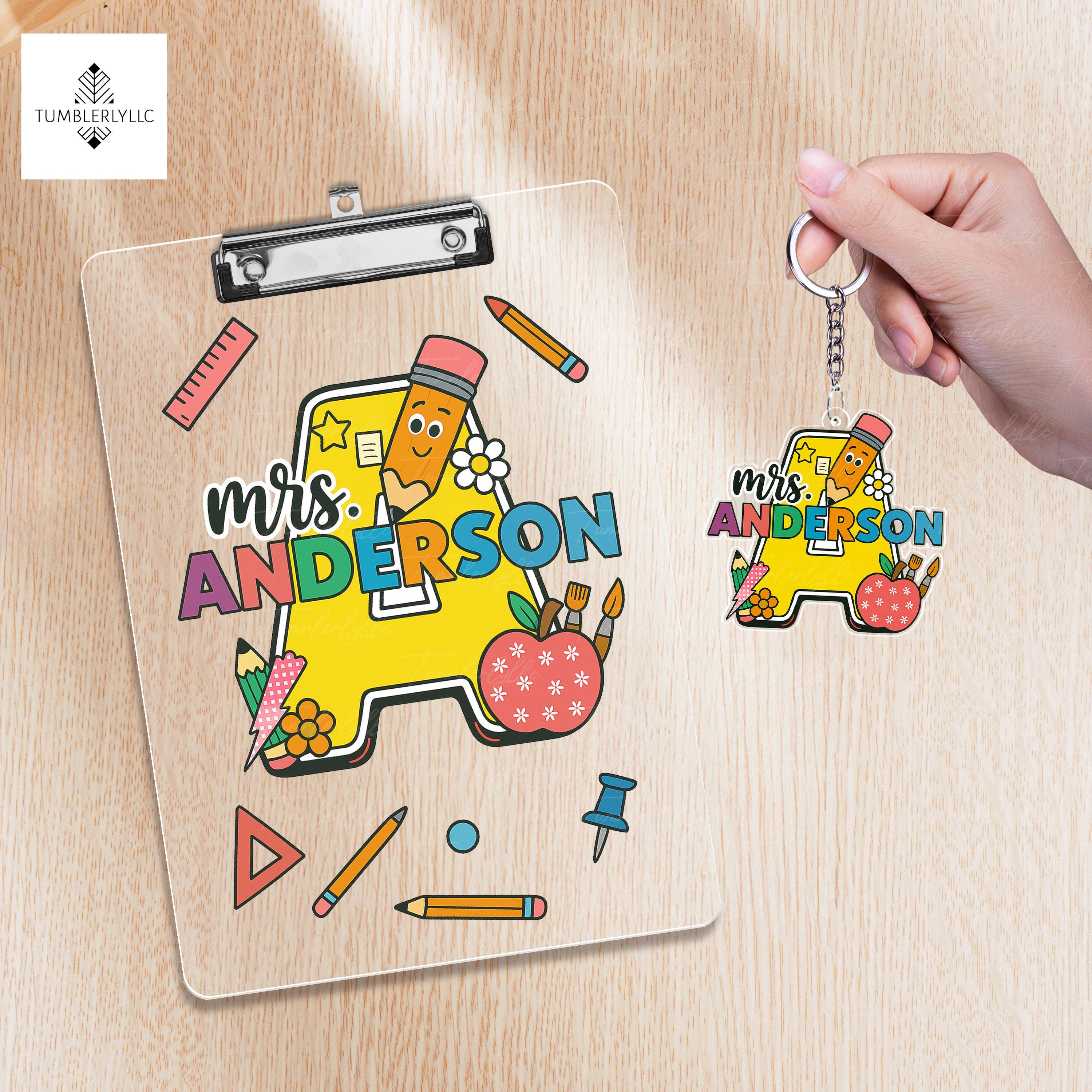 Personalized Teacher Clipboard and Keychain, Custom Gift for Teachers, Cute Back to School Supplies, Pencil and Apple Design