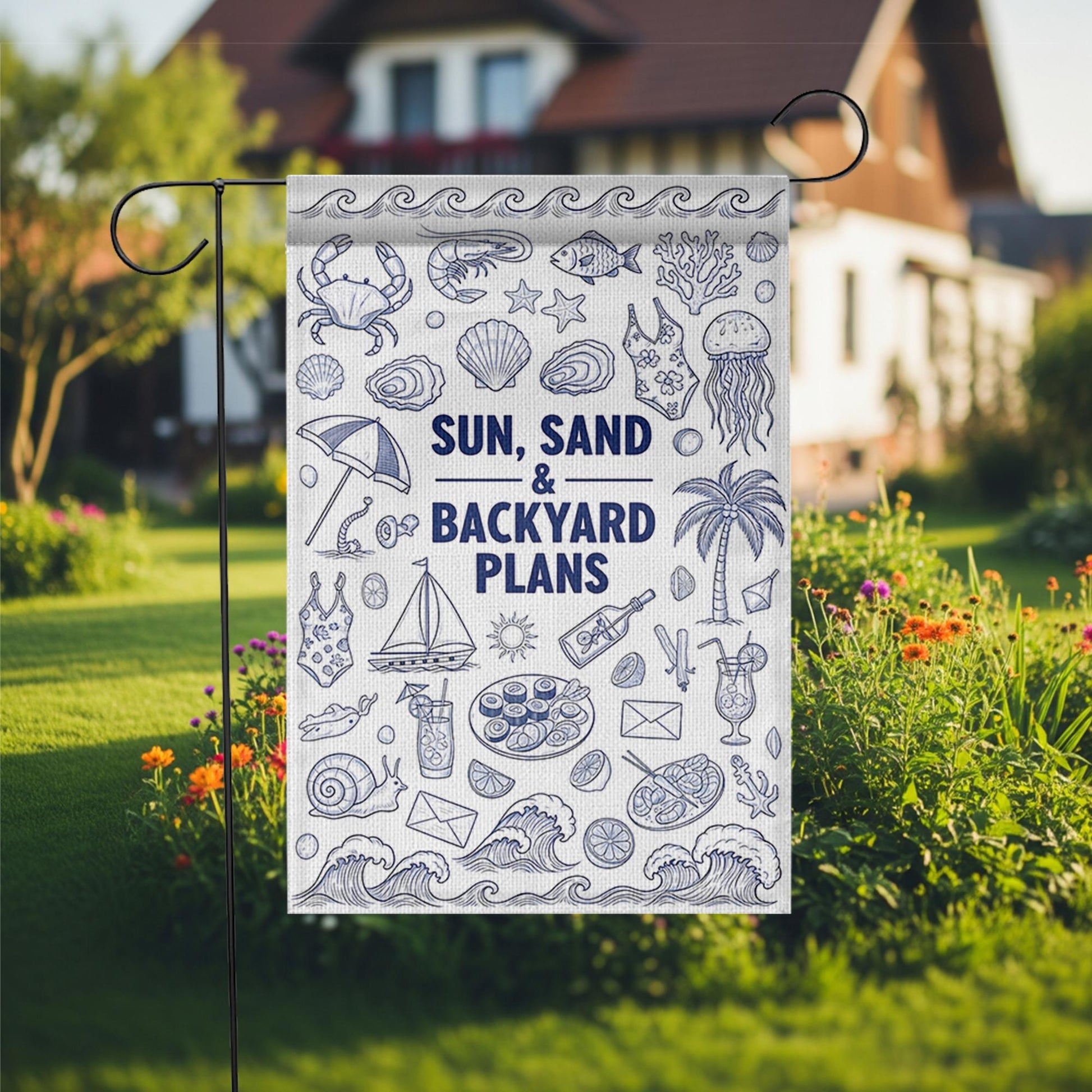 Sun Sand and Backyard Plans Garden Flag, Summer Beach Theme Yard Decor, Coastal Outdoor Flag, Pool Party Patio Decoration