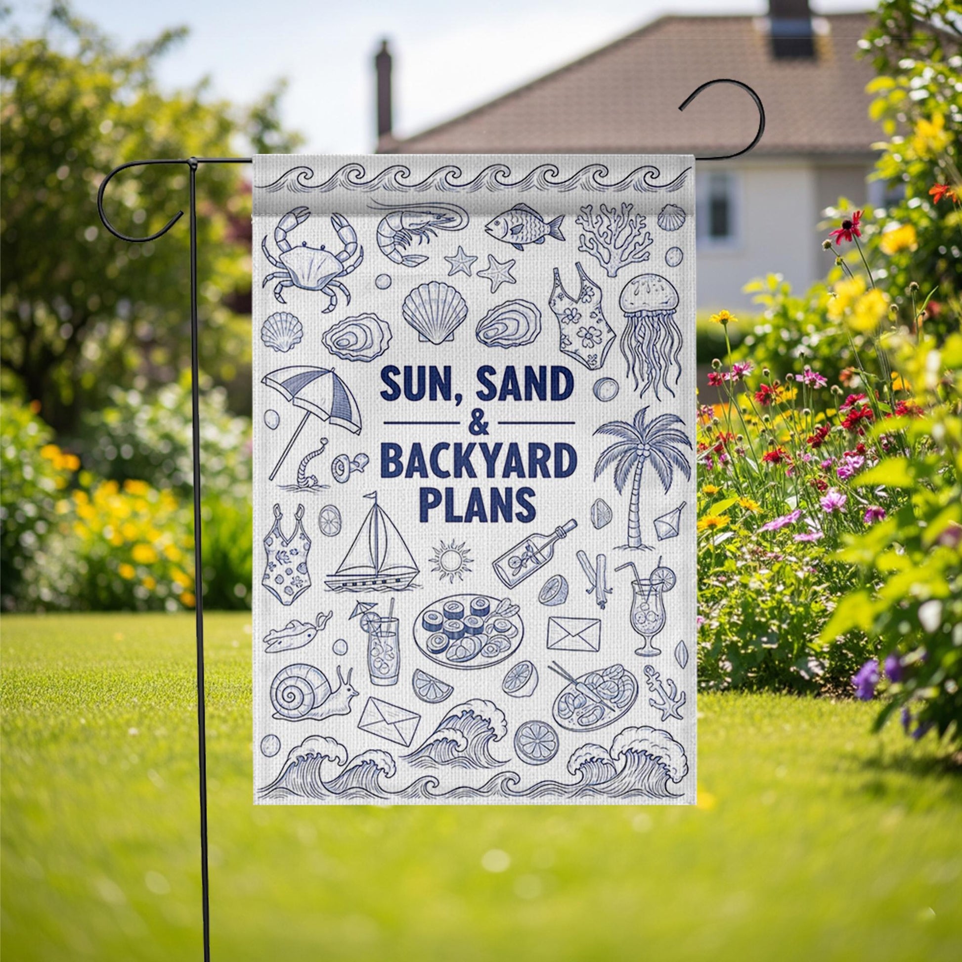 Sun Sand and Backyard Plans Garden Flag, Summer Beach Theme Yard Decor, Coastal Outdoor Flag, Pool Party Patio Decoration