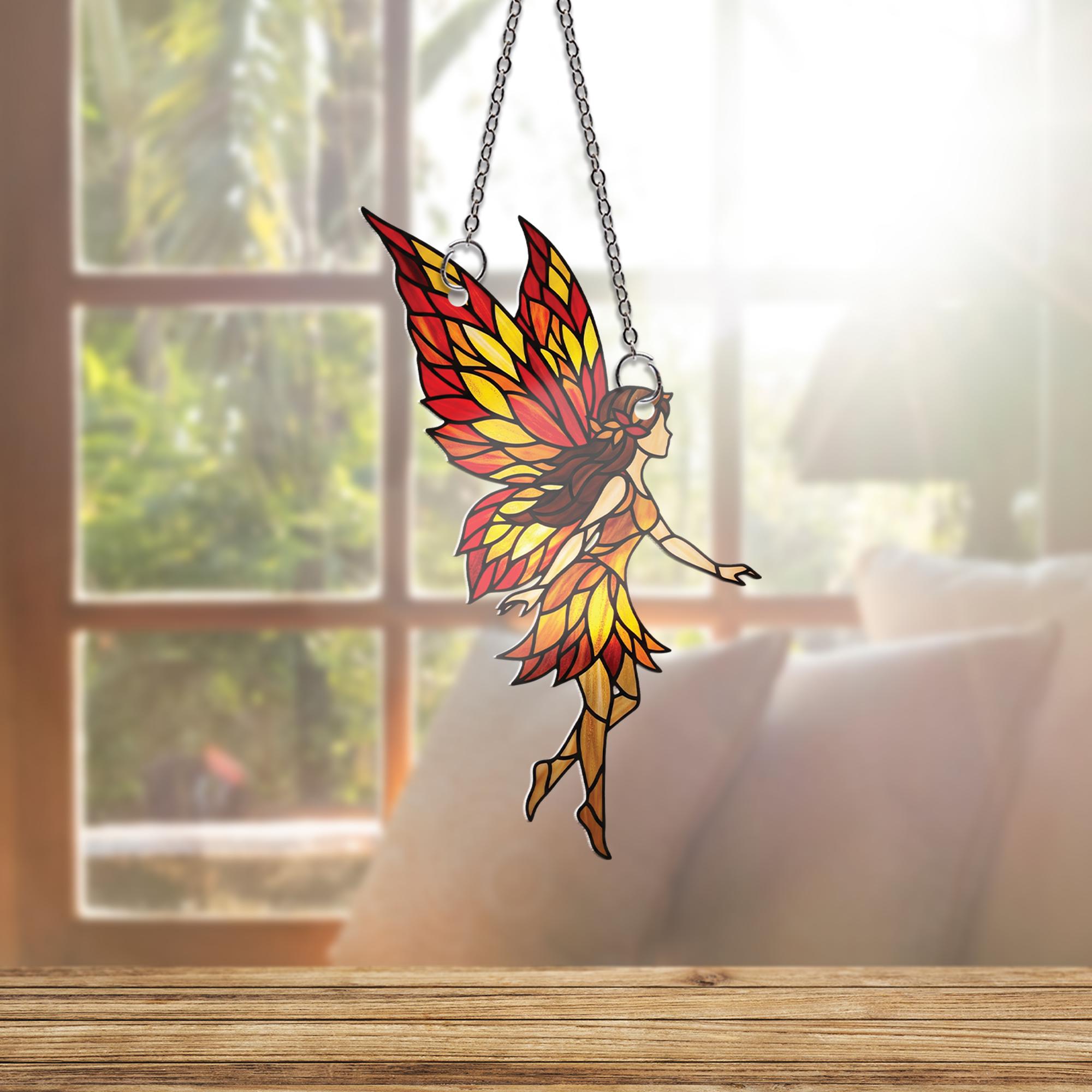 Autumn Fairy Suncatcher - Stained Glass Style Fall Fairy Window Hanging, Whimsical Leaf Wing Decor, Cottagecore Fairycore Gift