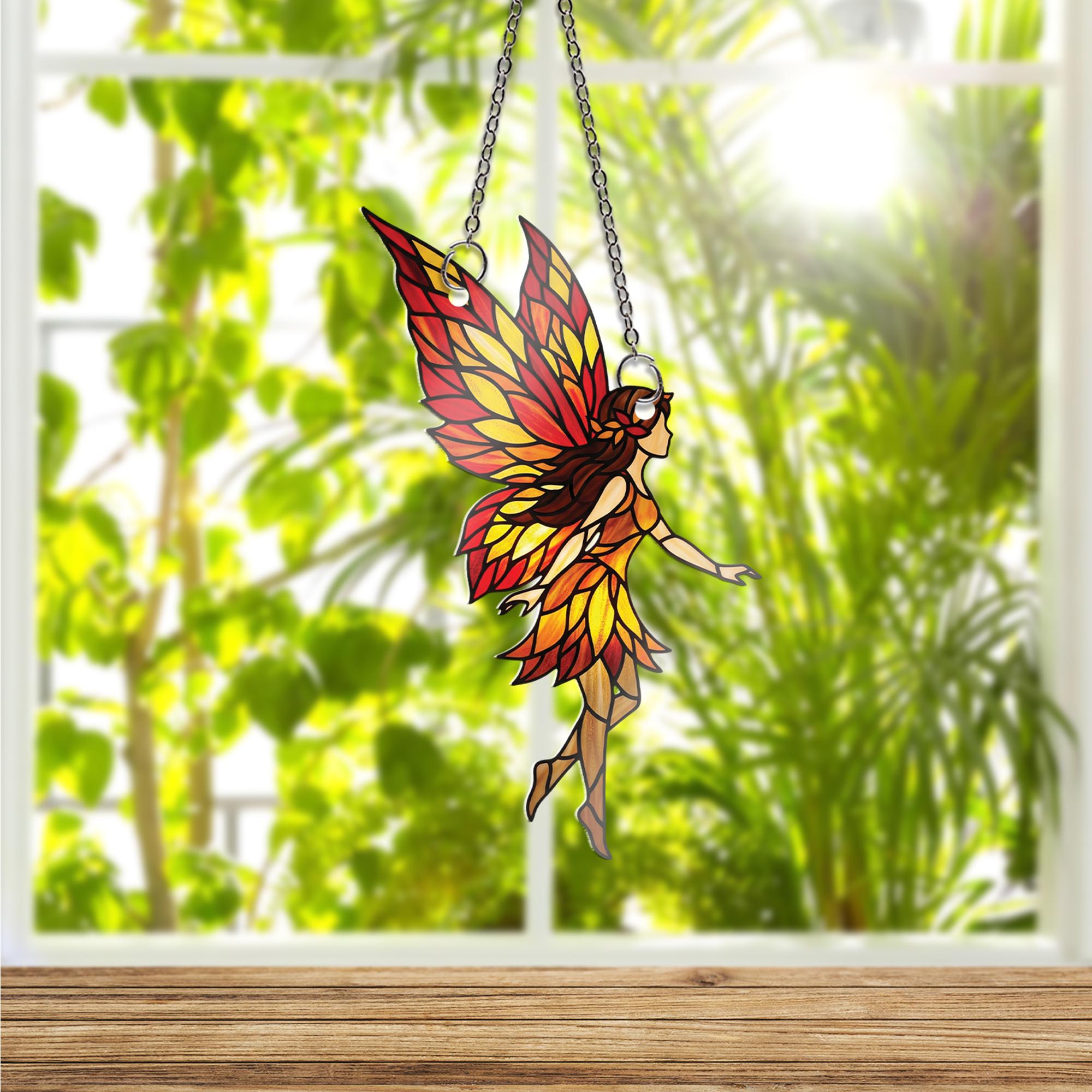 Autumn Fairy Suncatcher - Stained Glass Style Fall Fairy Window Hanging, Whimsical Leaf Wing Decor, Cottagecore Fairycore Gift
