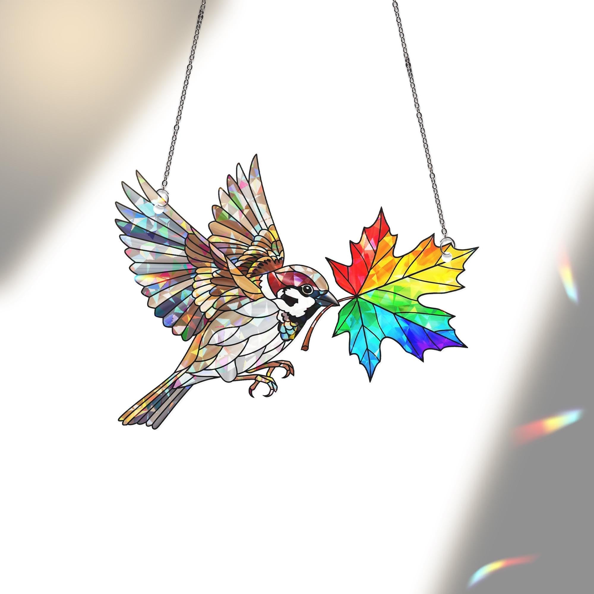 Holographic Sparrow Suncatcher - Rainbow Leaf Bird Window Hanging, Stained Glass Style Window Art, Colorful Cottagecore Decor Gift