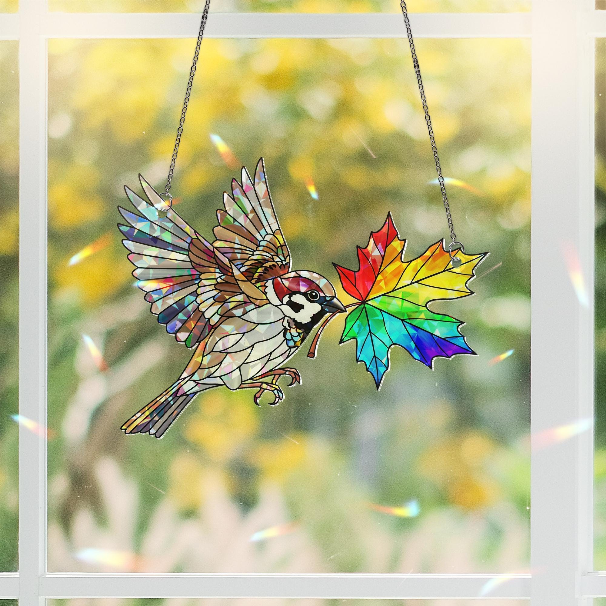 Holographic Sparrow Suncatcher - Rainbow Leaf Bird Window Hanging, Stained Glass Style Window Art, Colorful Cottagecore Decor Gift