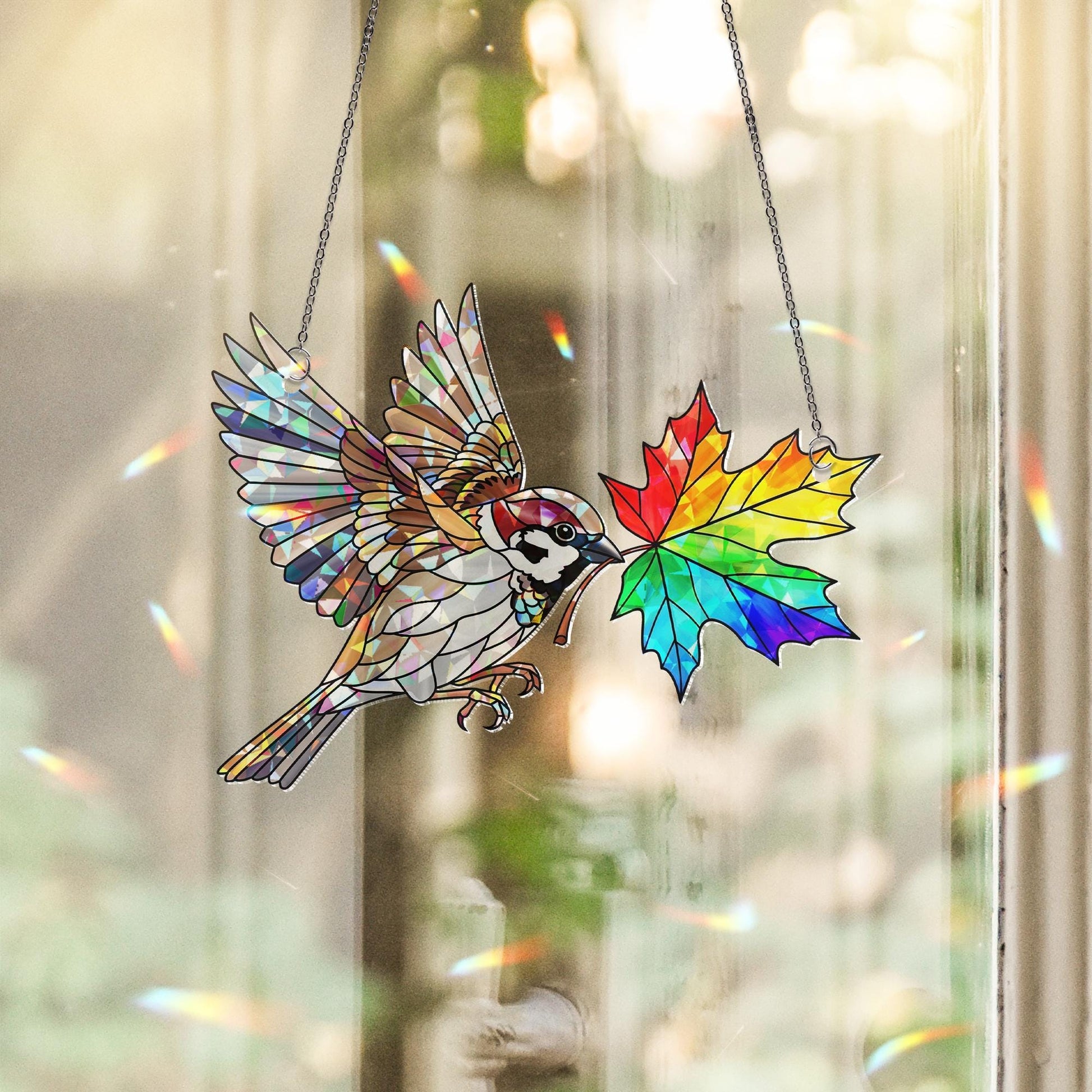 Holographic Sparrow Suncatcher - Rainbow Leaf Bird Window Hanging, Stained Glass Style Window Art, Colorful Cottagecore Decor Gift