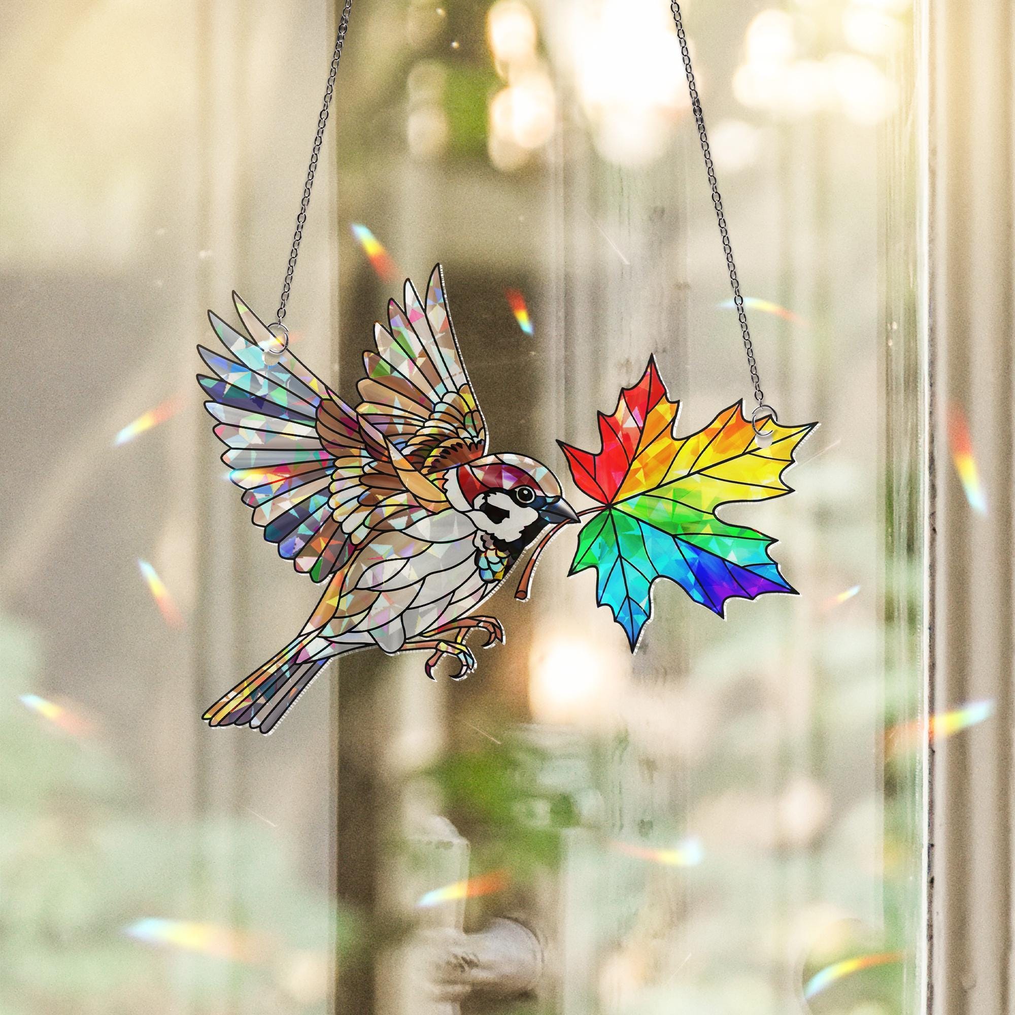 Holographic Sparrow Suncatcher - Rainbow Leaf Bird Window Hanging, Stained Glass Style Window Art, Colorful Cottagecore Decor Gift