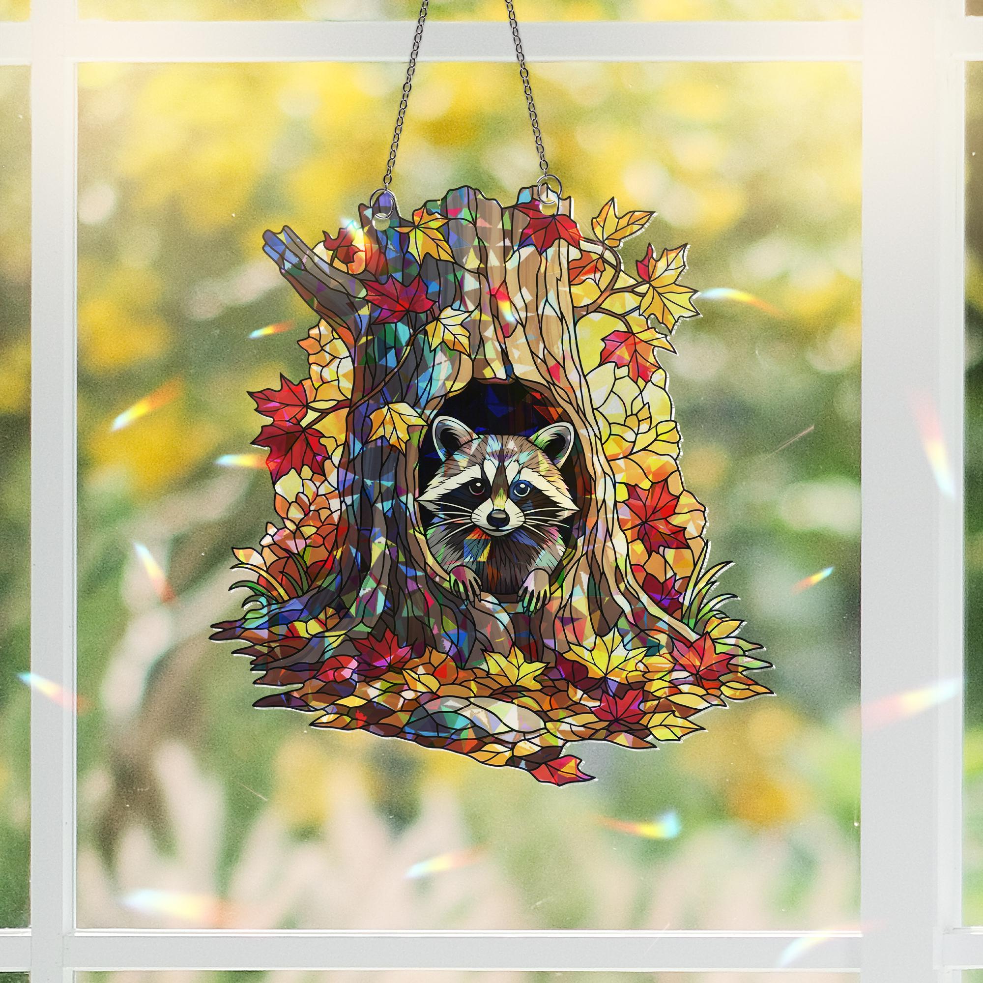 Holographic Raccoon Suncatcher - Stained Glass Fall Tree Window Hanging, Woodland Animal Leaf Decor, Cute Forest Cottagecore Gift