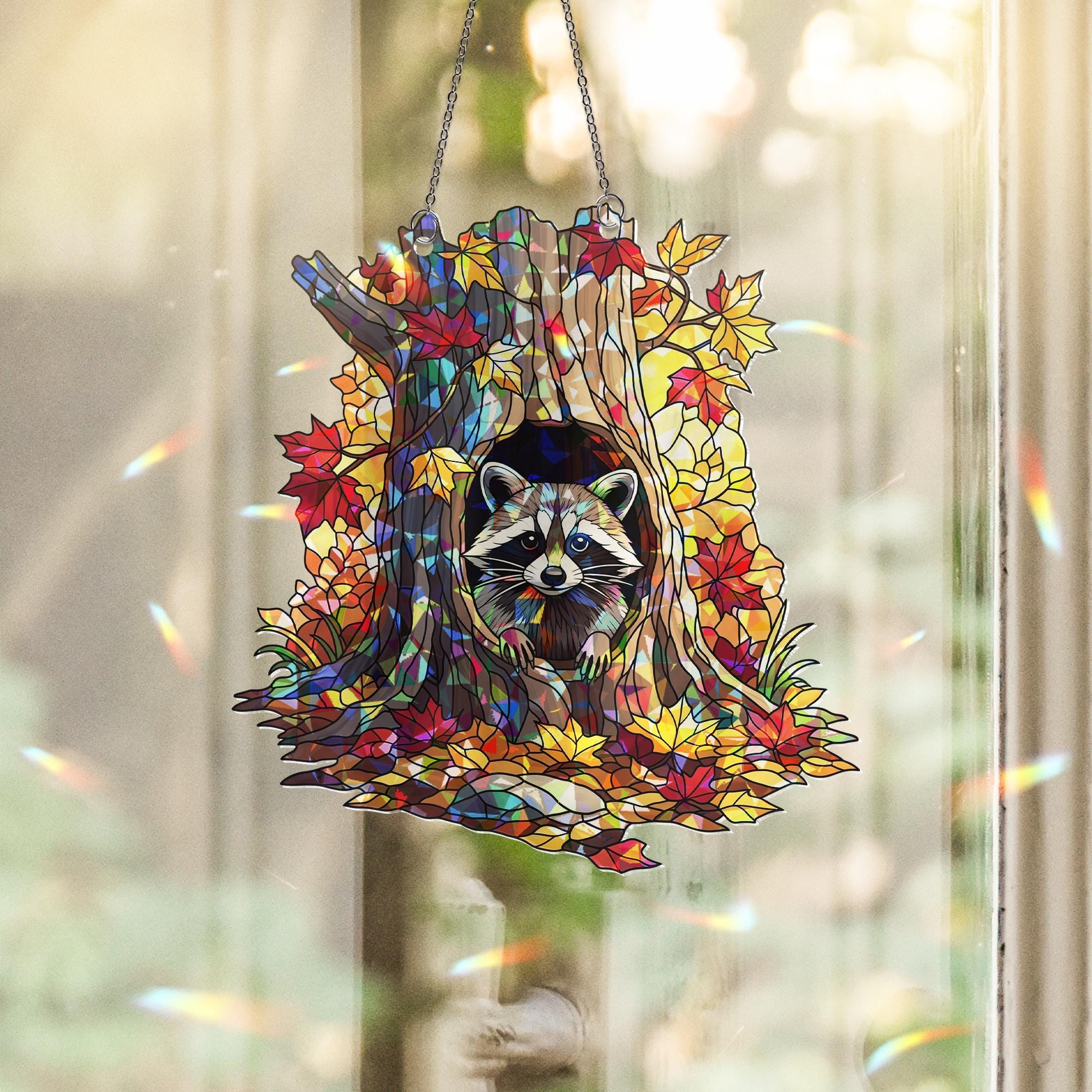 Holographic Raccoon Suncatcher - Stained Glass Fall Tree Window Hanging, Woodland Animal Leaf Decor, Cute Forest Cottagecore Gift
