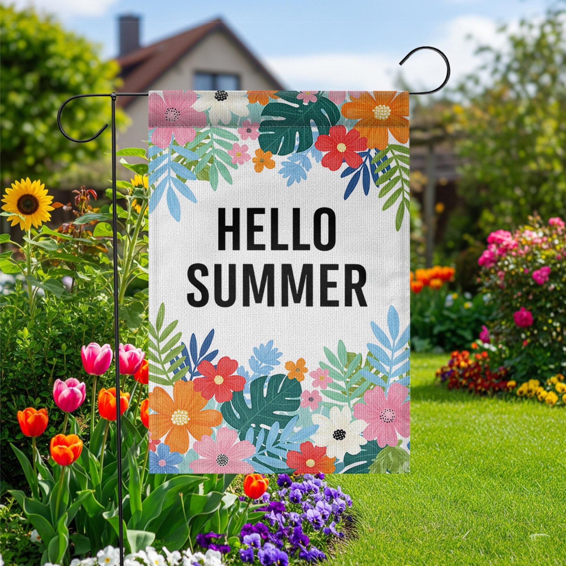 Hello Summer Garden Flag, Colorful Floral Outdoor Yard Decor, Summer Porch Flag, Seasonal Welcome Sign for Garden or Patio
