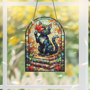 Holographic Black Cat Suncatcher - Fall Leaf Book Lover Window Hanging, Stained Glass Style Cozy Cottagecore Autumn Cat Decor Gift