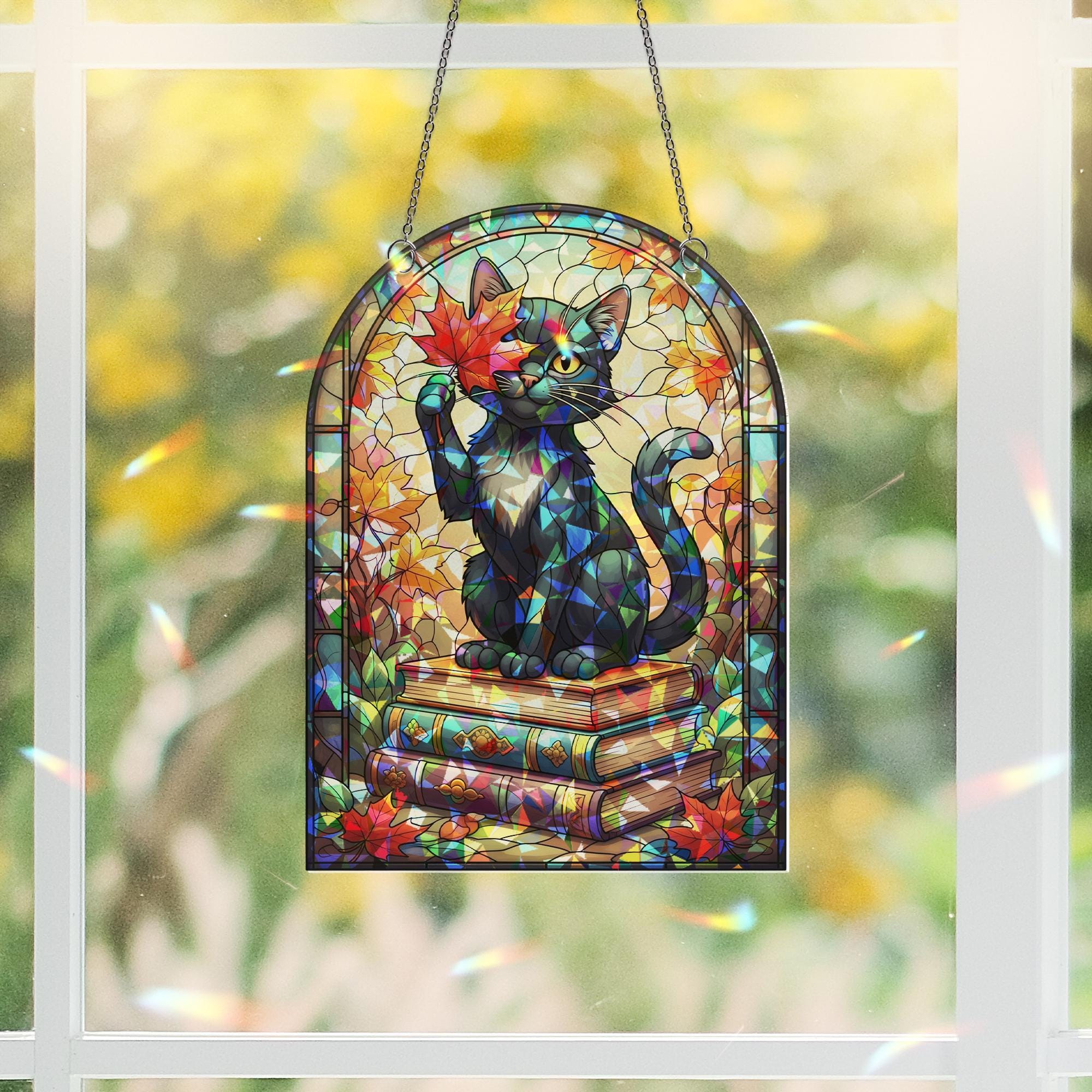 Holographic Black Cat Suncatcher - Fall Leaf Book Lover Window Hanging, Stained Glass Style Cozy Cottagecore Autumn Cat Decor Gift