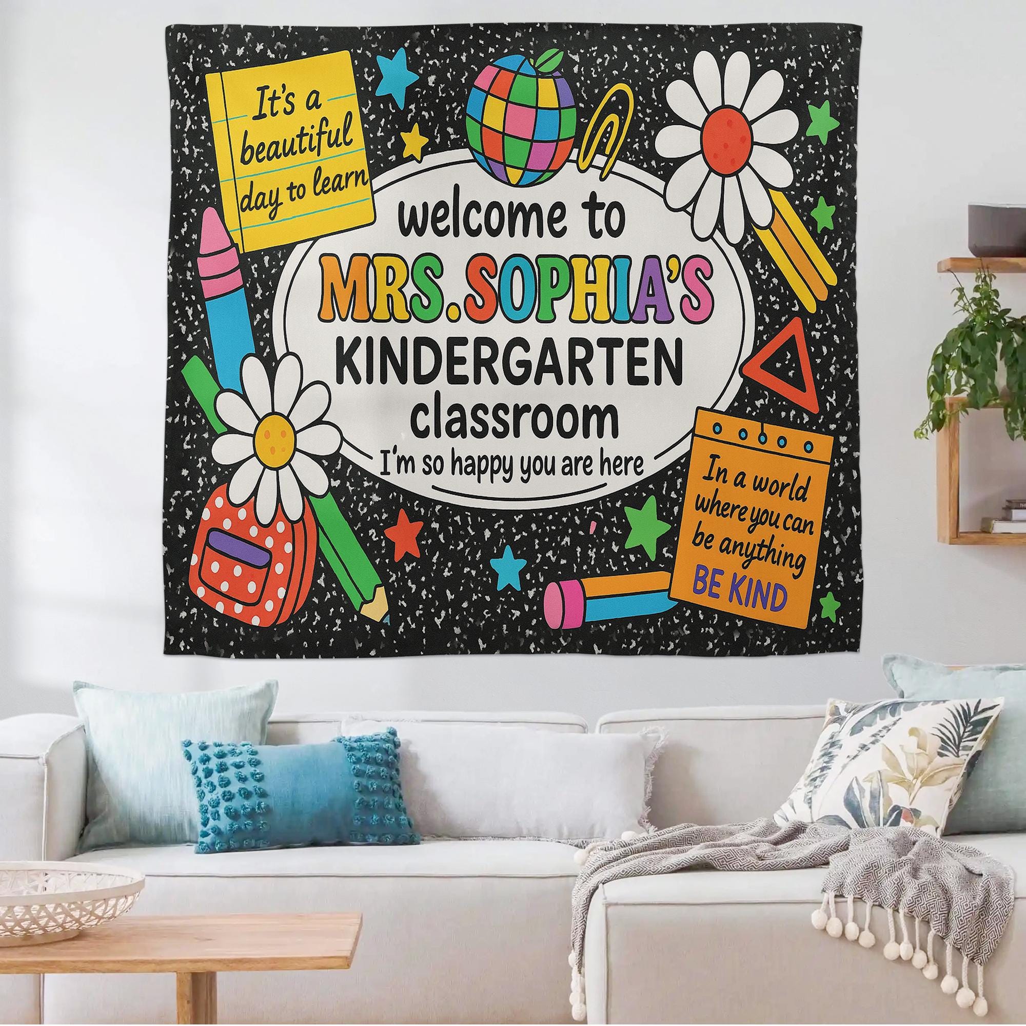 Welcome Tapestry for Kindergarten Classroom, Custom Teacher Wall Decor, Teacher Sign, Back to School Bulletin Board Decoration