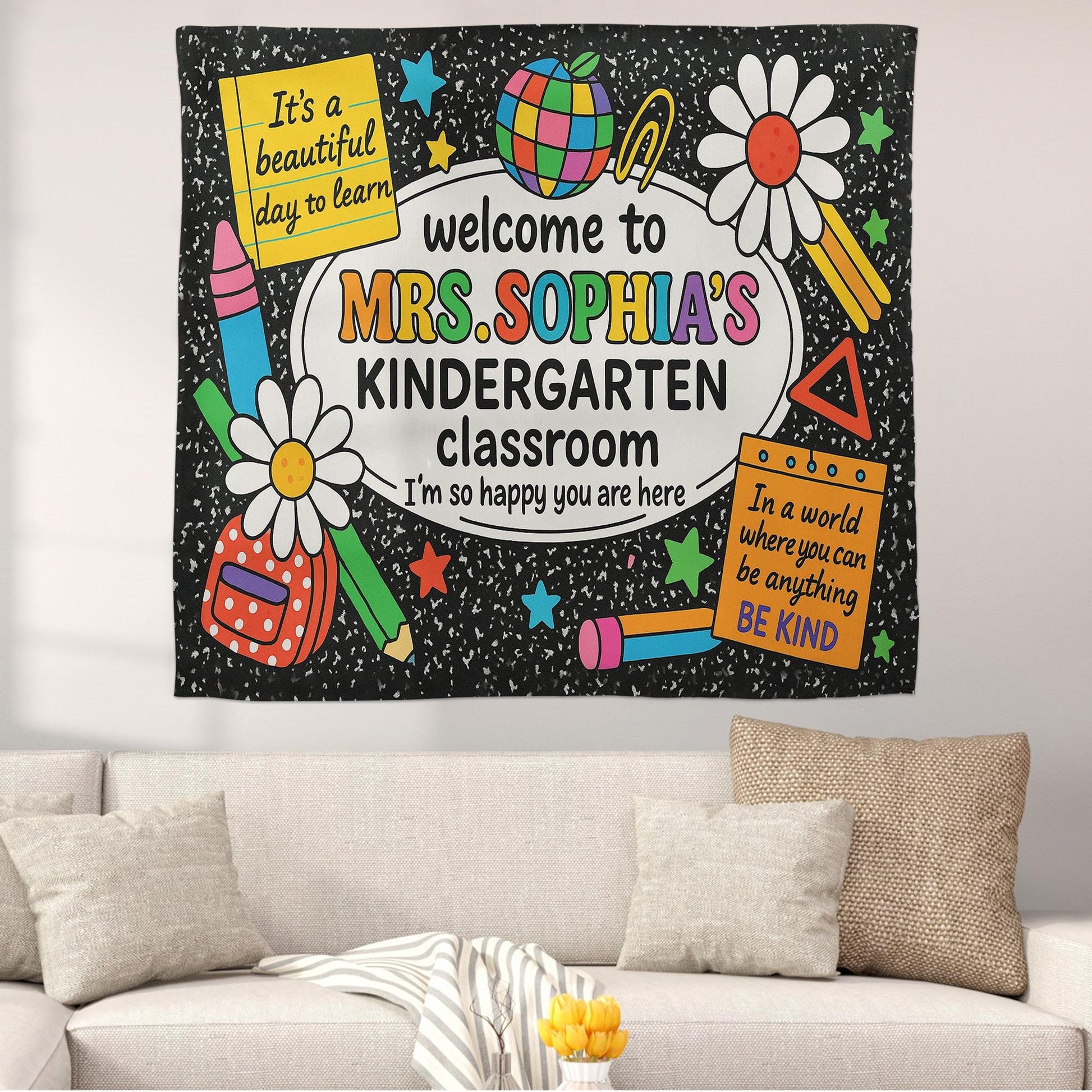 Welcome Tapestry for Kindergarten Classroom, Custom Teacher Wall Decor, Teacher Sign, Back to School Bulletin Board Decoration