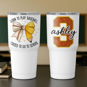 Personalized Baseball Tumbler, Custom Name Glitter Number, Softball Player Gift, Born to Play School Cup, Team Gift for Girls & Women