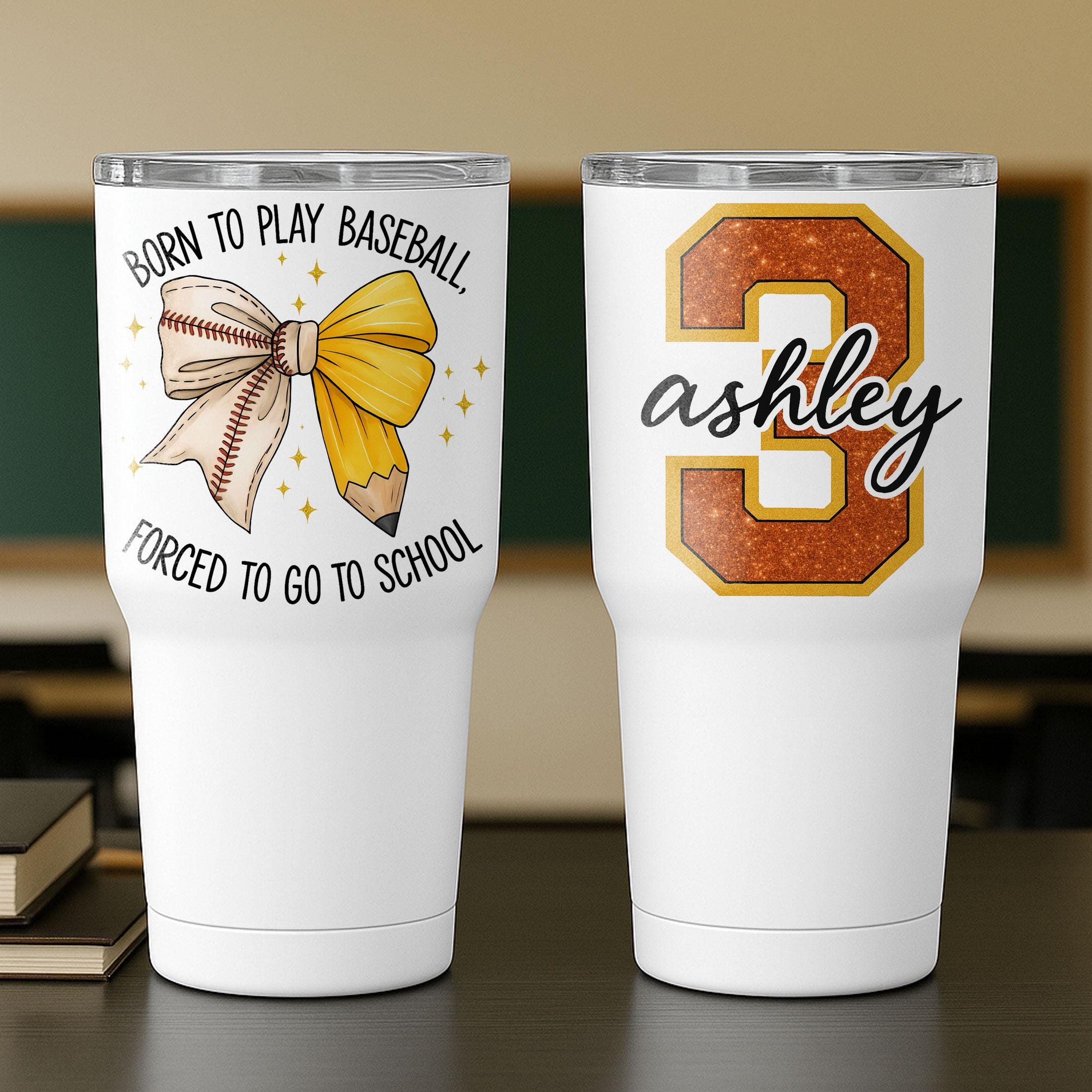 Personalized Baseball Tumbler, Custom Name Glitter Number, Softball Player Gift, Born to Play School Cup, Team Gift for Girls & Women