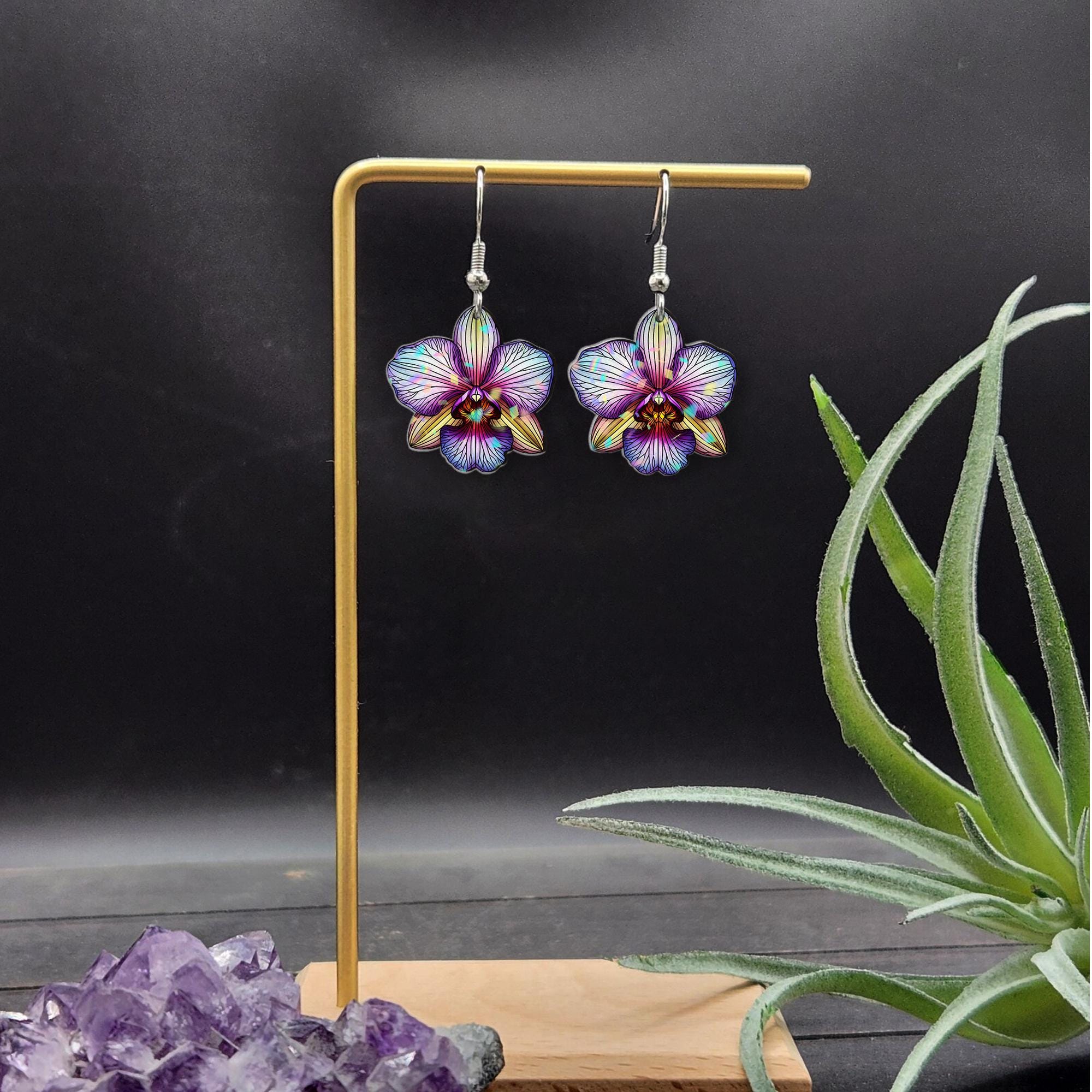 Orchid Flower Drop Earrings - Colorful Botanical Dangle Jewelry, Tropical Floral Earrings for Women, Lightweight Garden Gift