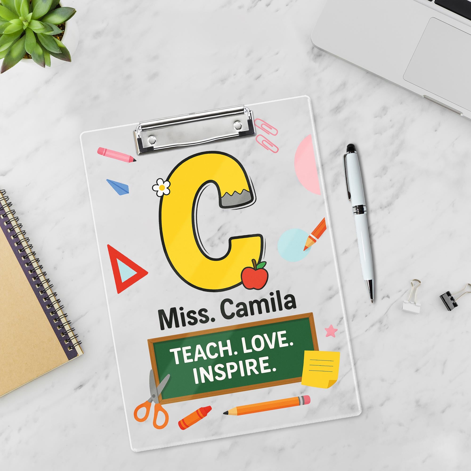 Custom Teacher Clipboard with Name, Personalized Gift for Teacher, Teach Love Inspire School Supplies, Cute Back to School Clipboard