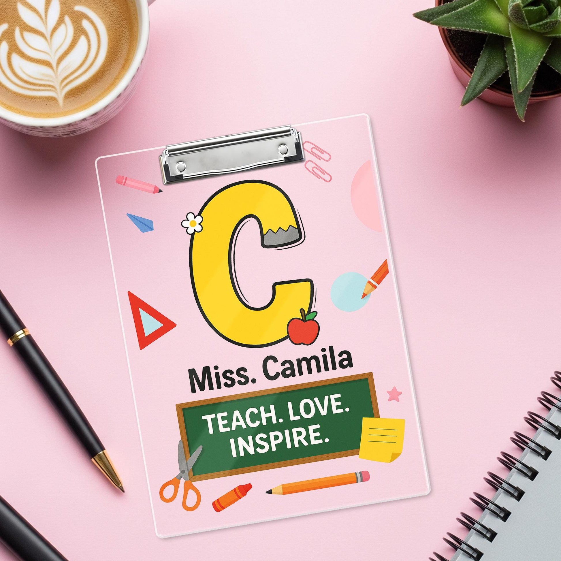 Custom Teacher Clipboard with Name, Personalized Gift for Teacher, Teach Love Inspire School Supplies, Cute Back to School Clipboard