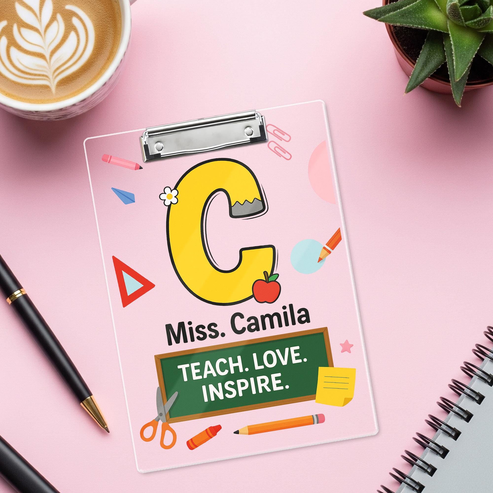 Custom Teacher Clipboard with Name, Personalized Gift for Teacher, Teach Love Inspire School Supplies, Cute Back to School Clipboard