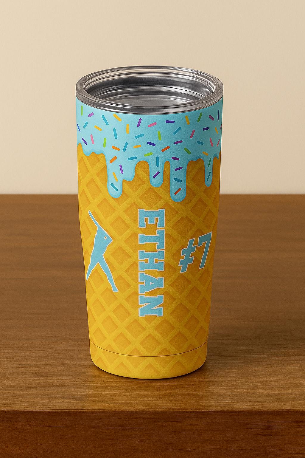Personalized Baseball Tumbler, Custom Name Ice Cream Cone Cup for Kids, Sports Team Gift with Number, Donut Sprinkles Travel Mug