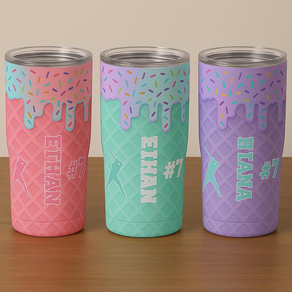 Personalized Baseball Tumbler, Custom Name Ice Cream Cone Cup for Kids, Sports Team Gift with Number, Donut Sprinkles Travel Mug