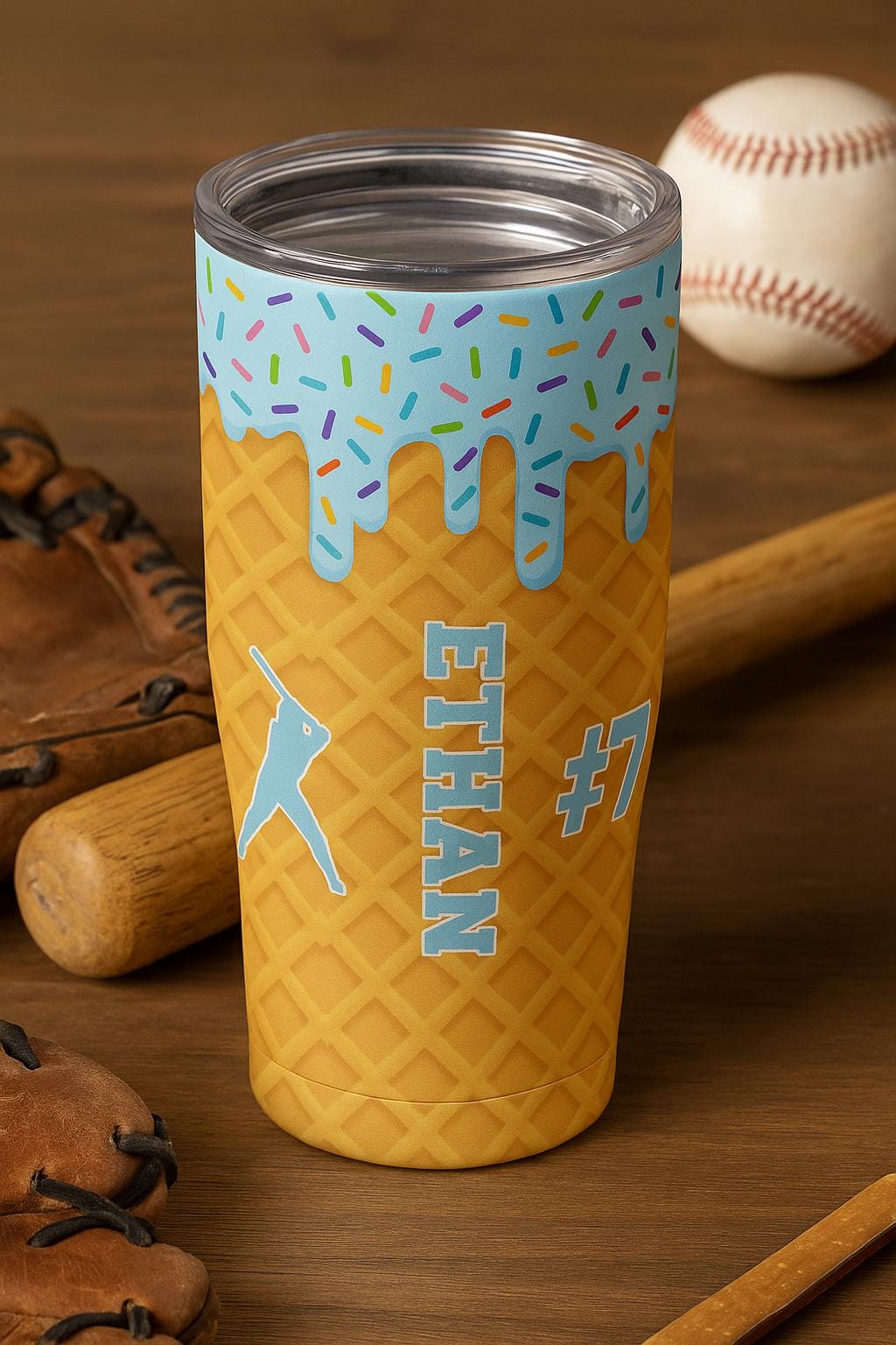 Personalized Baseball Tumbler, Custom Name Ice Cream Cone Cup for Kids, Sports Team Gift with Number, Donut Sprinkles Travel Mug