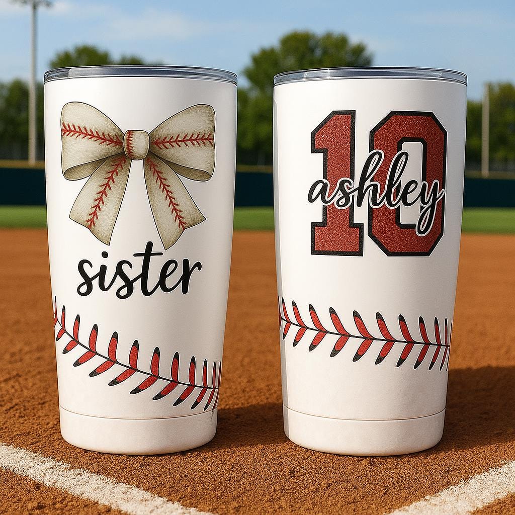 Personalized Baseball Sister Tumbler with Bow, Custom Glitter Name & Number, Game Day Sports Cup, Baseball Fan Gift for Her, Team Mom