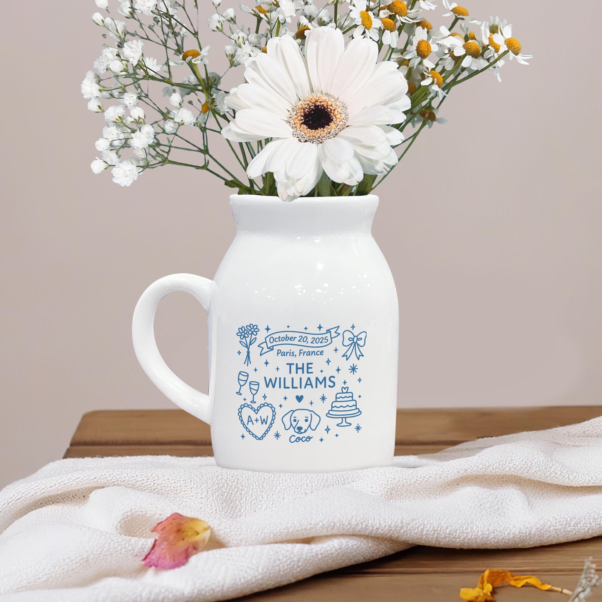 Personalized Wedding Flower Vase, Custom Couple Name & Date Gift, Ceramic Keepsake Pitcher, Bridal Shower or Anniversary Decor