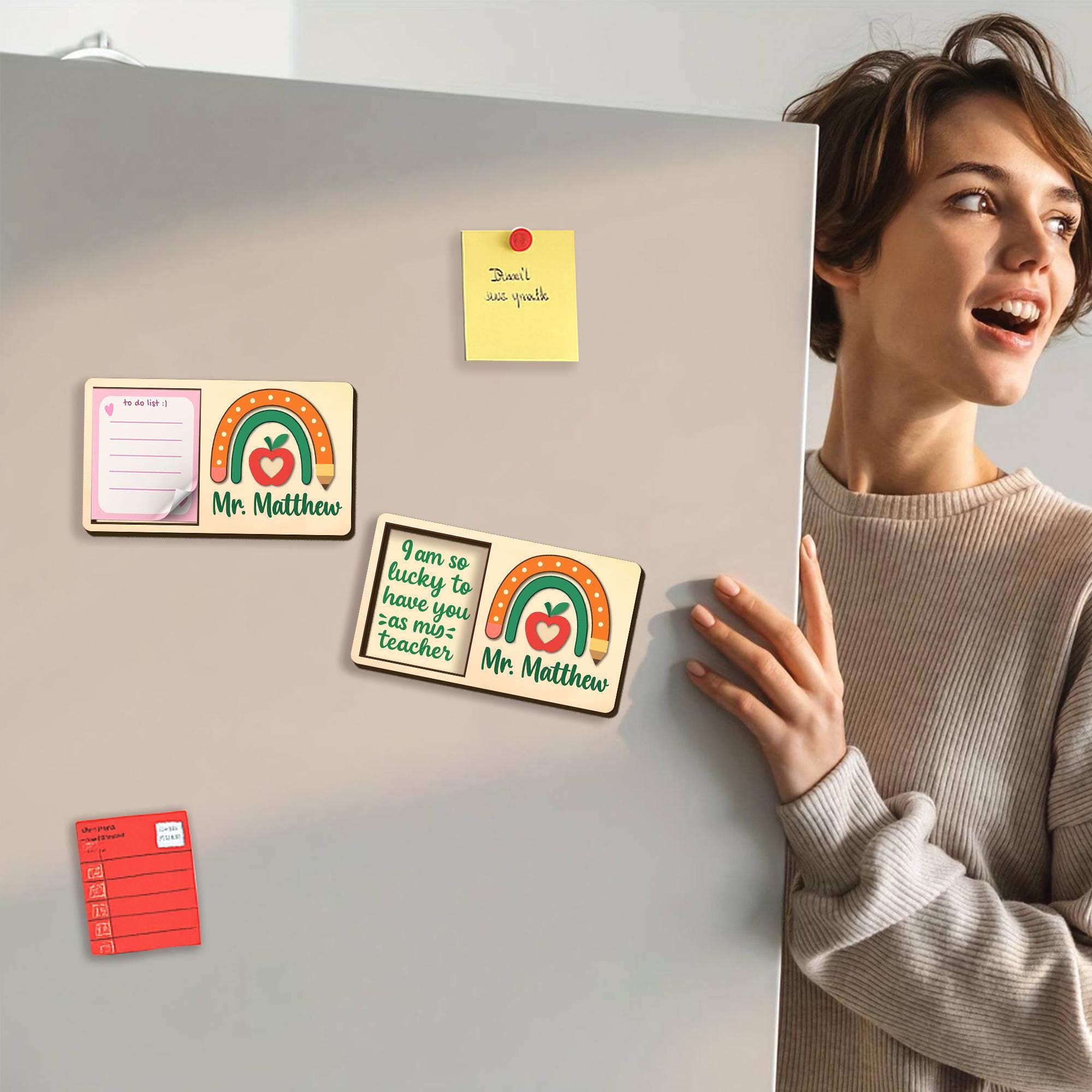 Teacher Rainbow Magnet Note Holder – Personalized Apple Theme Sticky Note Organizer – Cute Classroom Gift for Mr. or Mrs. Teacher