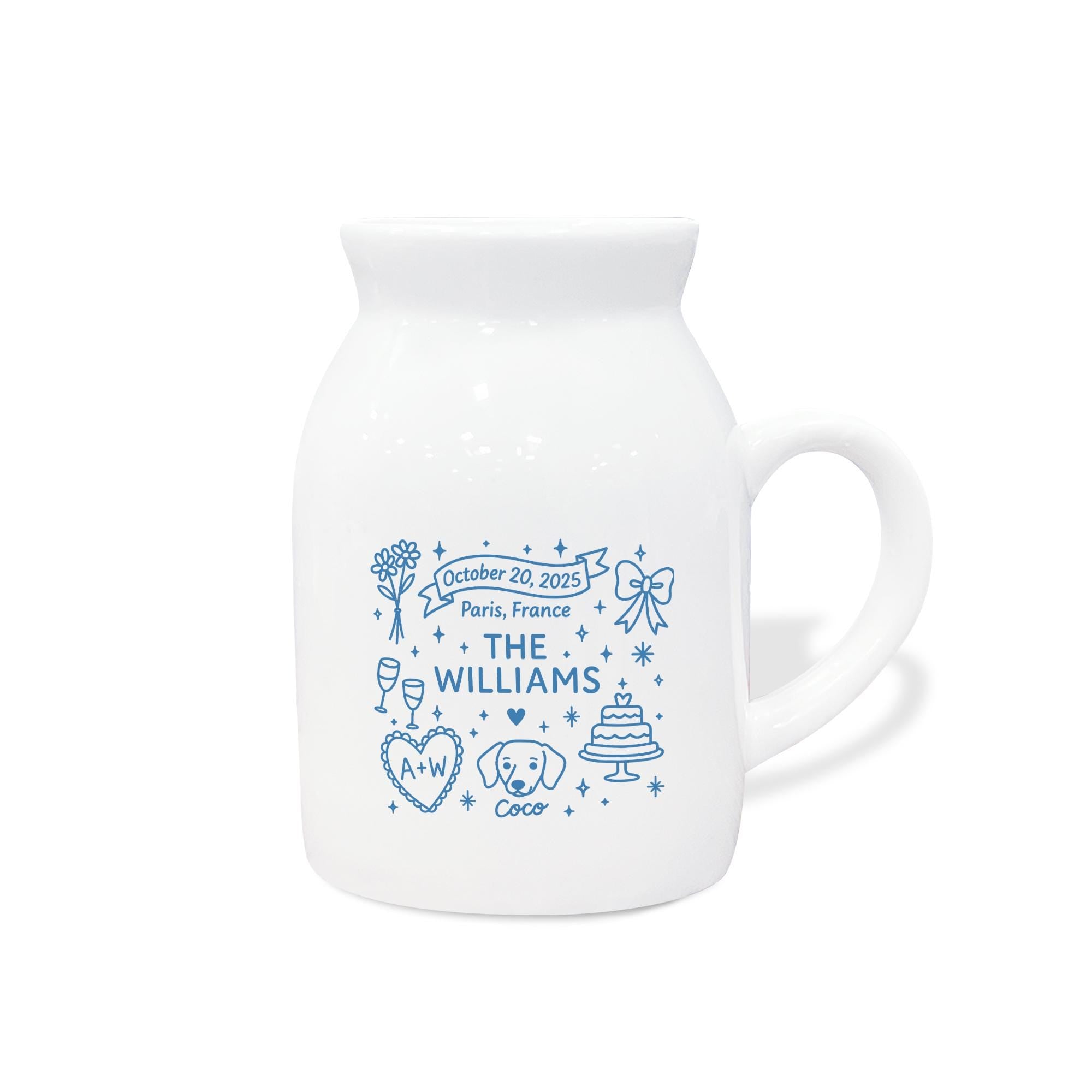 Personalized Wedding Flower Vase, Custom Couple Name & Date Gift, Ceramic Keepsake Pitcher, Bridal Shower or Anniversary Decor