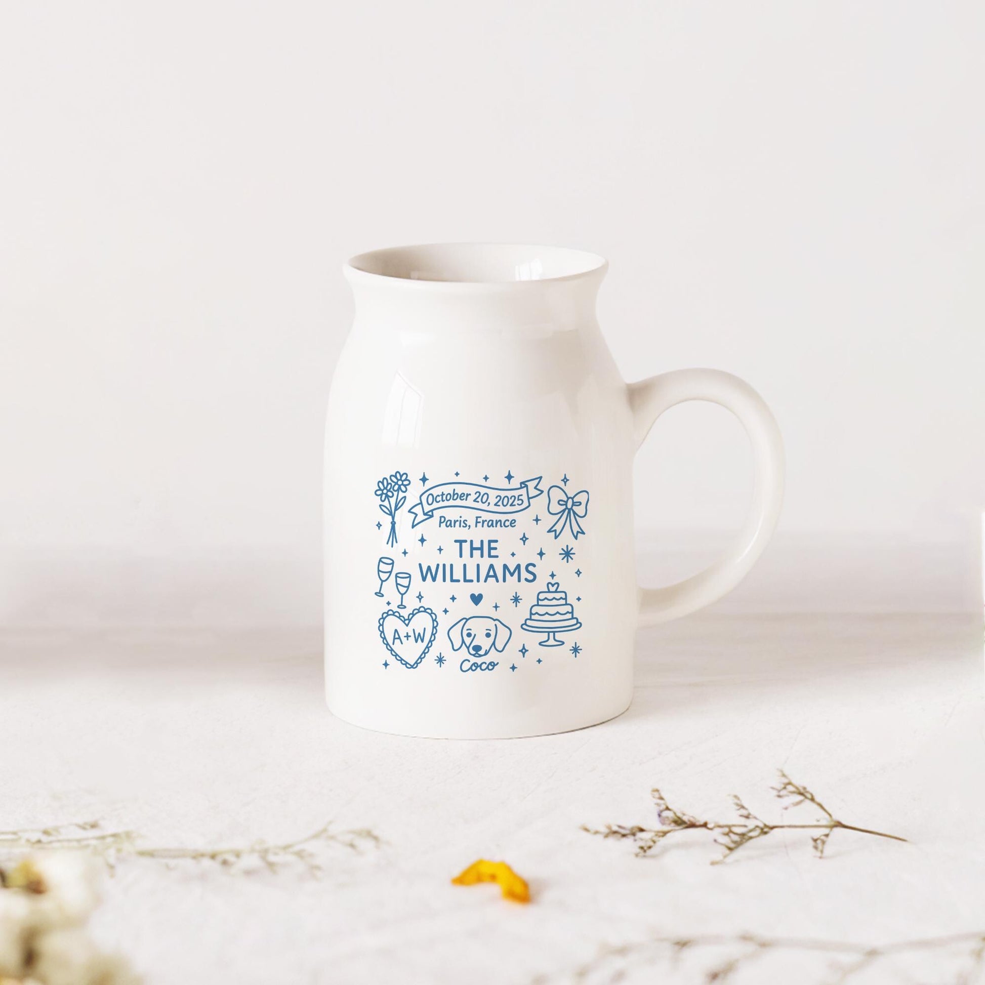 Personalized Wedding Flower Vase, Custom Couple Name & Date Gift, Ceramic Keepsake Pitcher, Bridal Shower or Anniversary Decor