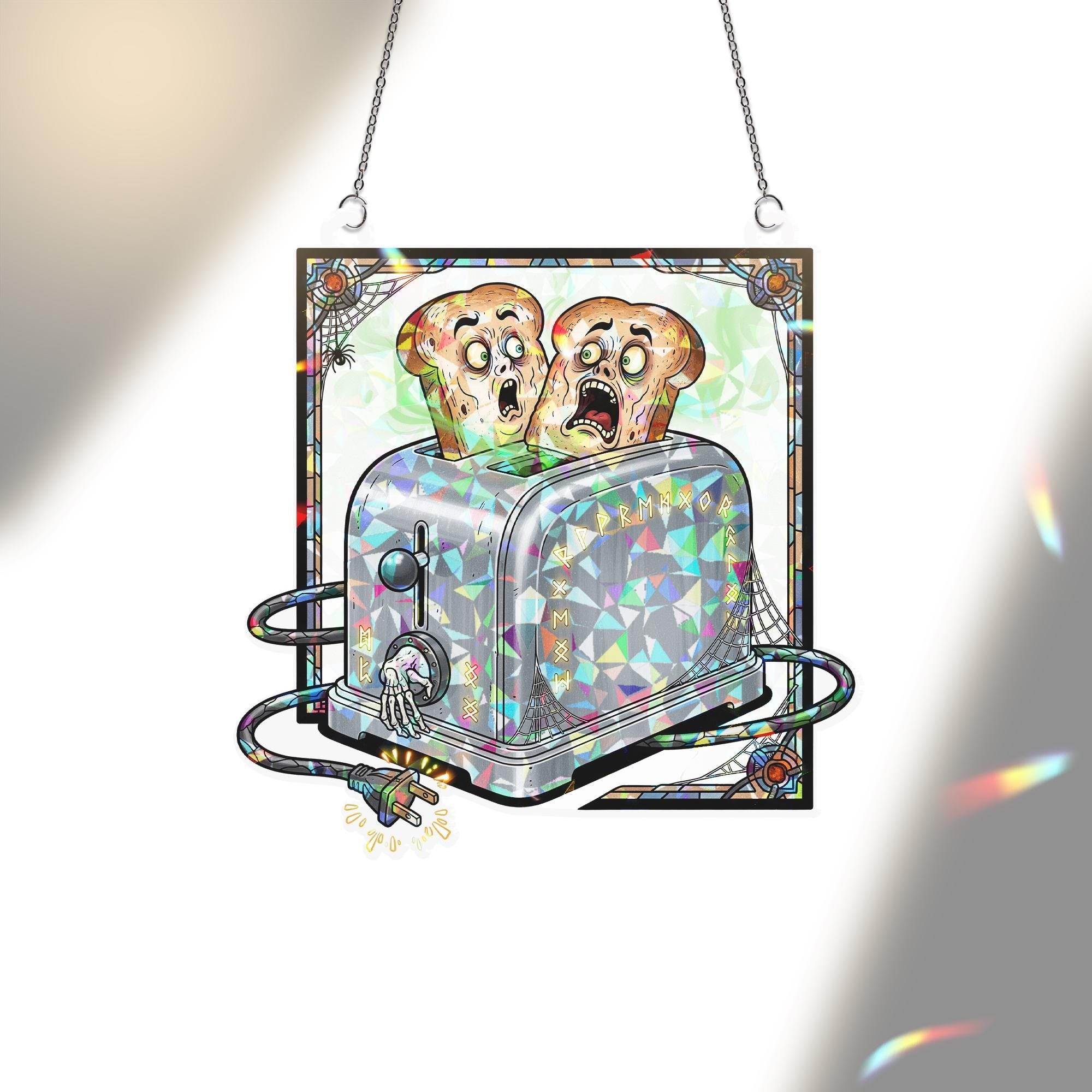Holographic Halloween Toaster Suncatcher – Funny Scared Toast Gothic Kitchen Decor