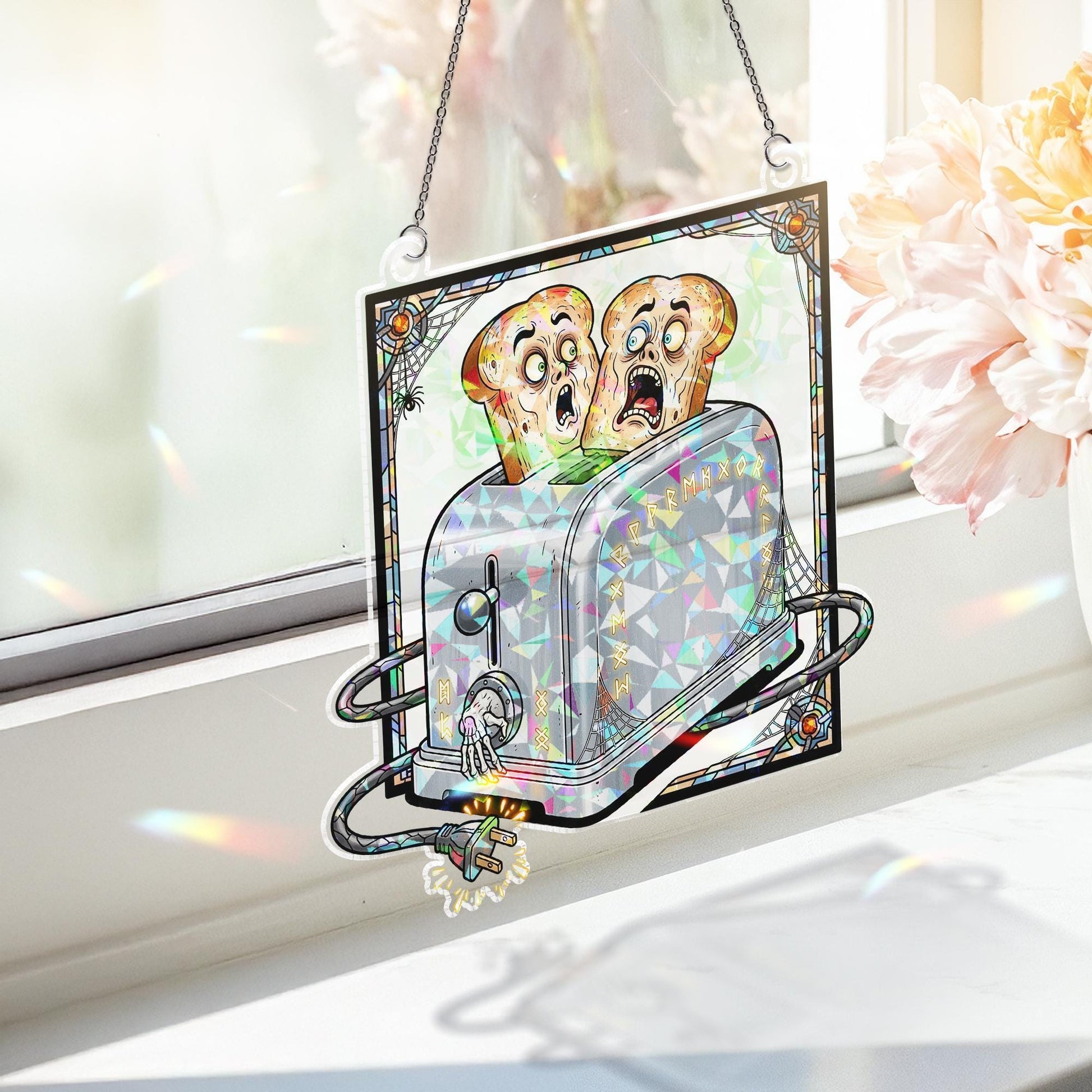 Holographic Halloween Toaster Suncatcher – Funny Scared Toast Gothic Kitchen Decor