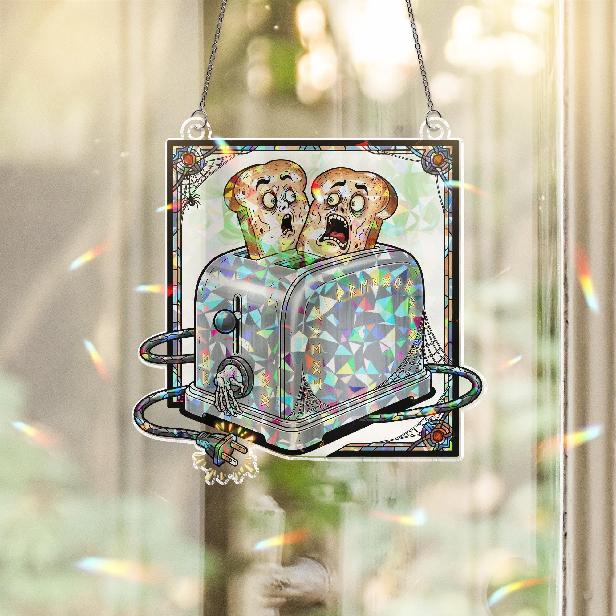 Holographic Halloween Toaster Suncatcher – Funny Scared Toast Gothic Kitchen Decor
