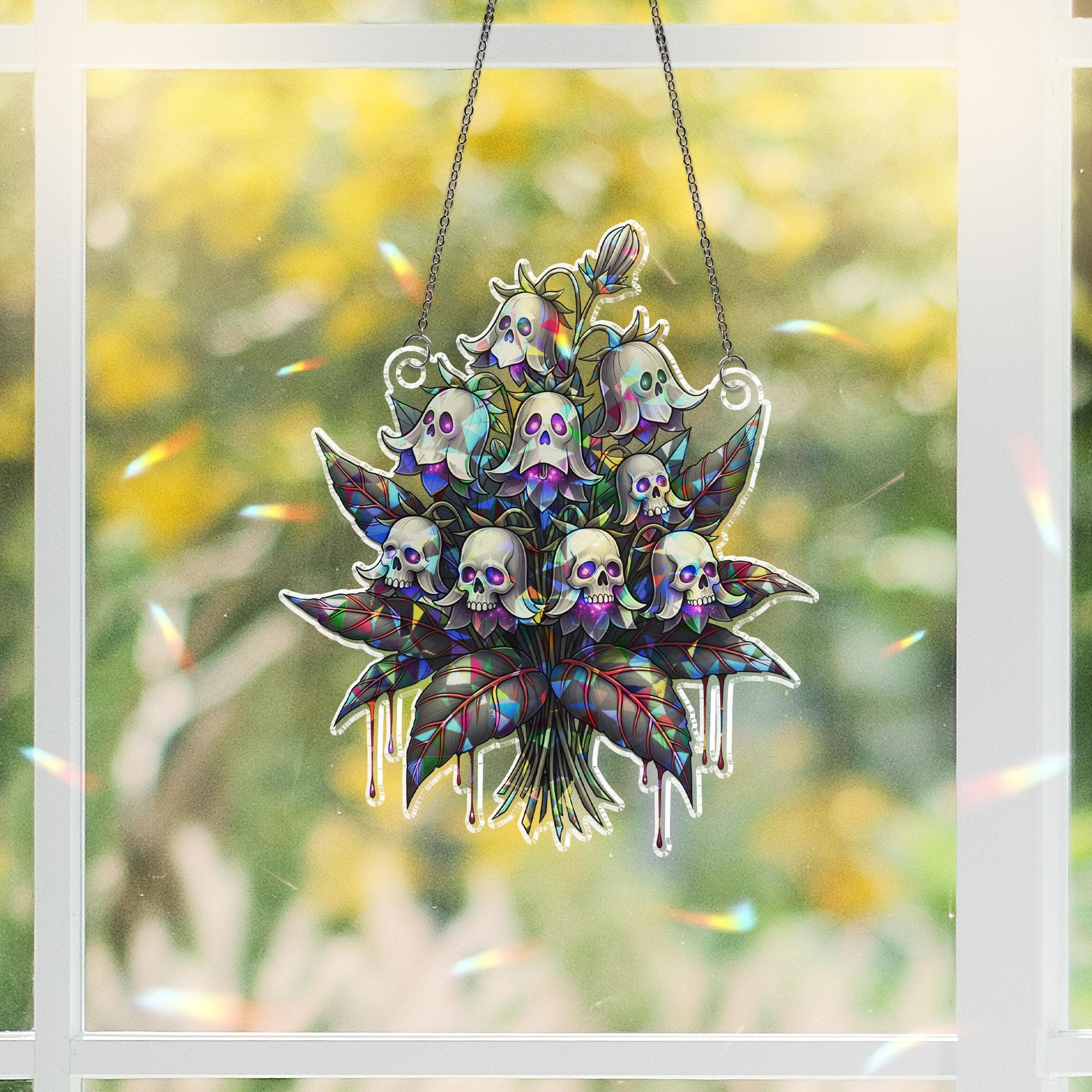 Skull Flower Suncatcher – Holographic Gothic Halloween Window Hanging Decor