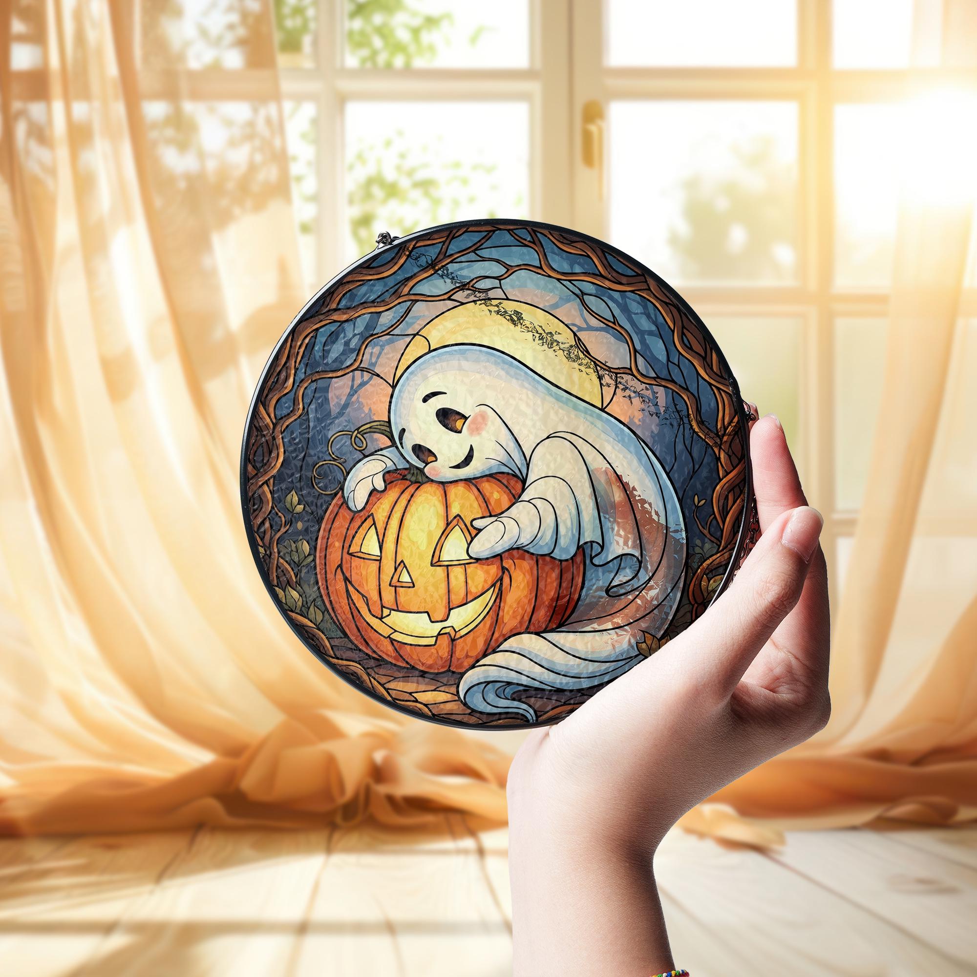 Adorable Ghost & Pumpkin Suncatcher | Halloween Stained Glass Art | Spooky Cute Home Decor | Unique Gift