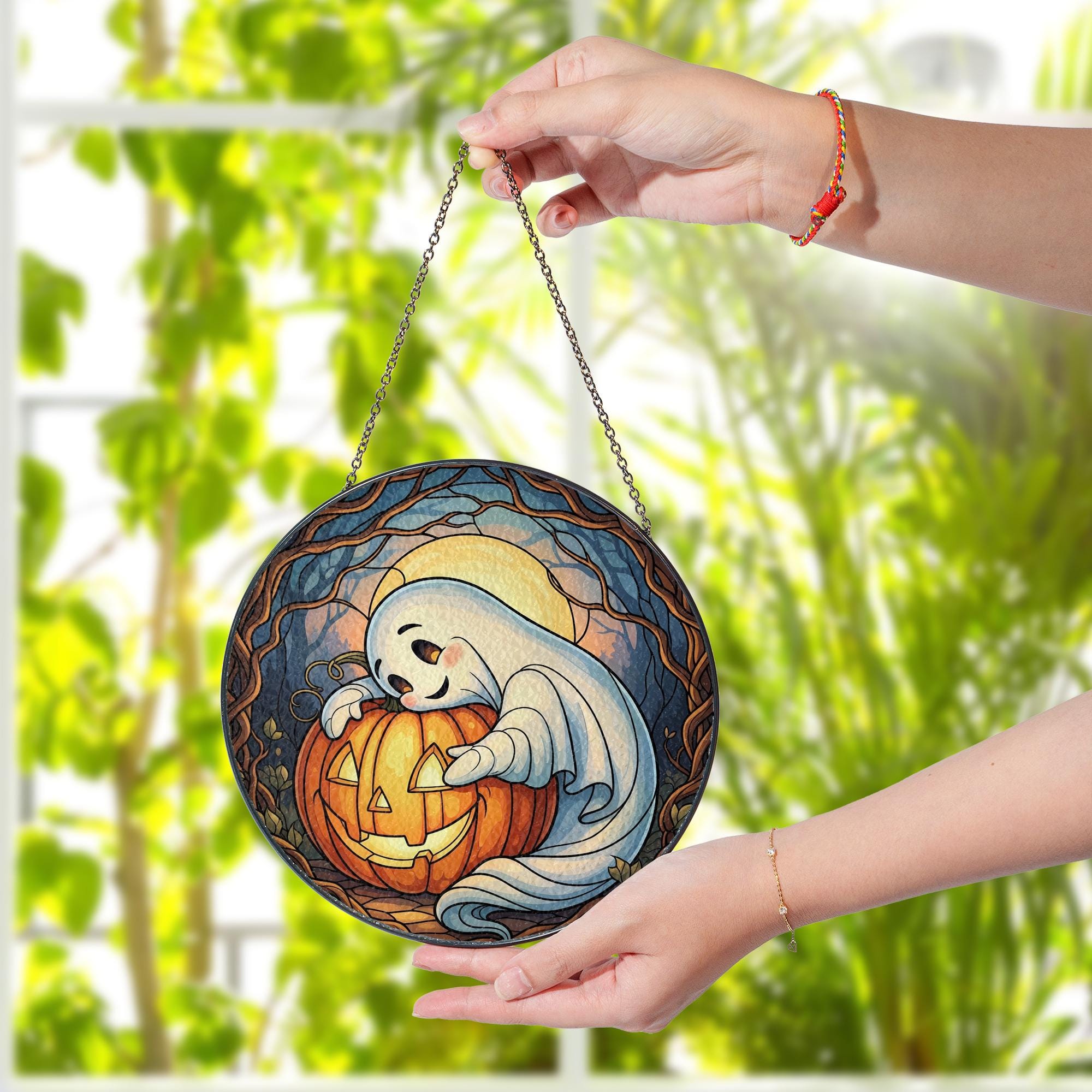 Adorable Ghost & Pumpkin Suncatcher | Halloween Stained Glass Art | Spooky Cute Home Decor | Unique Gift