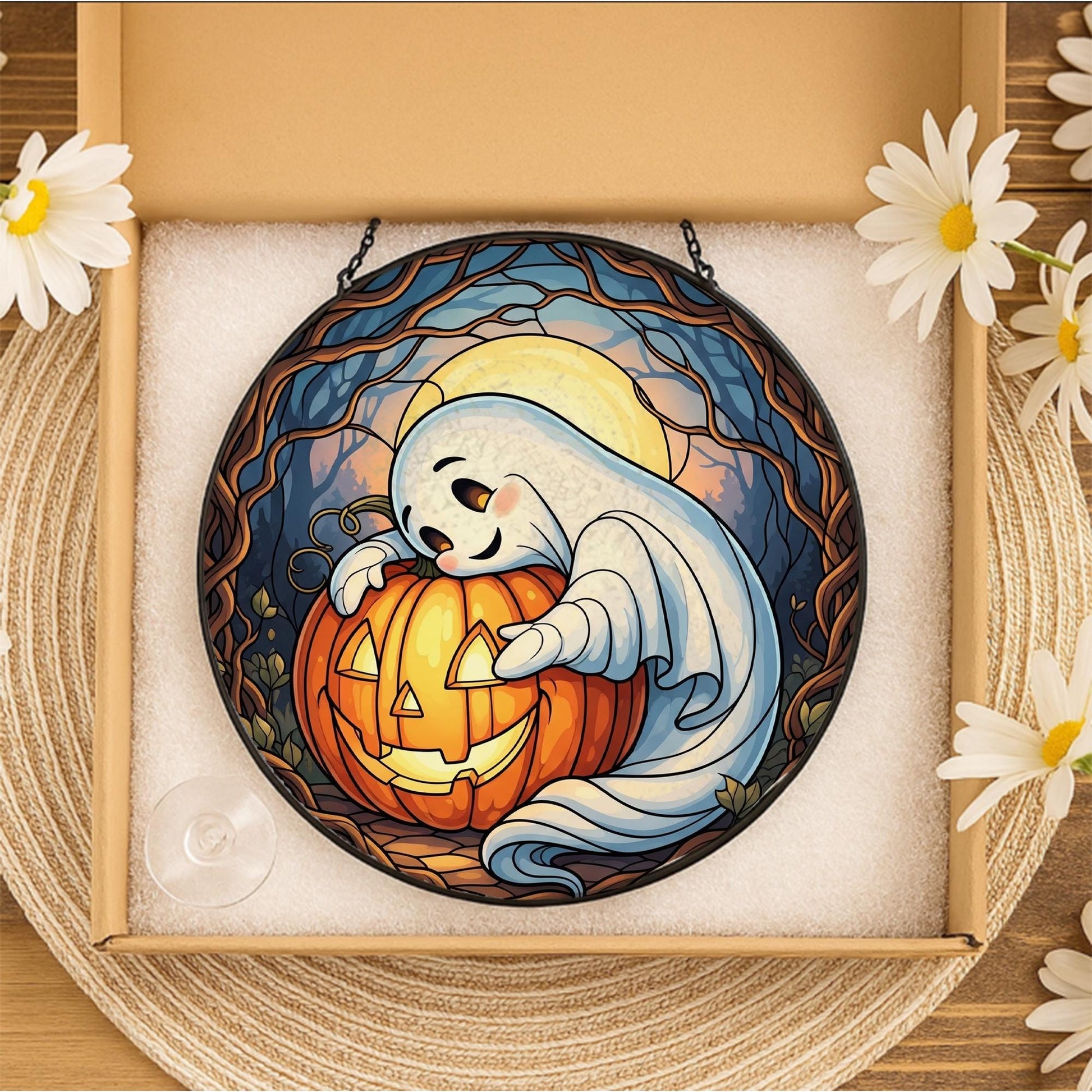 Adorable Ghost & Pumpkin Suncatcher | Halloween Stained Glass Art | Spooky Cute Home Decor | Unique Gift
