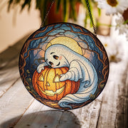 Adorable Ghost & Pumpkin Suncatcher | Halloween Stained Glass Art | Spooky Cute Home Decor | Unique Gift
