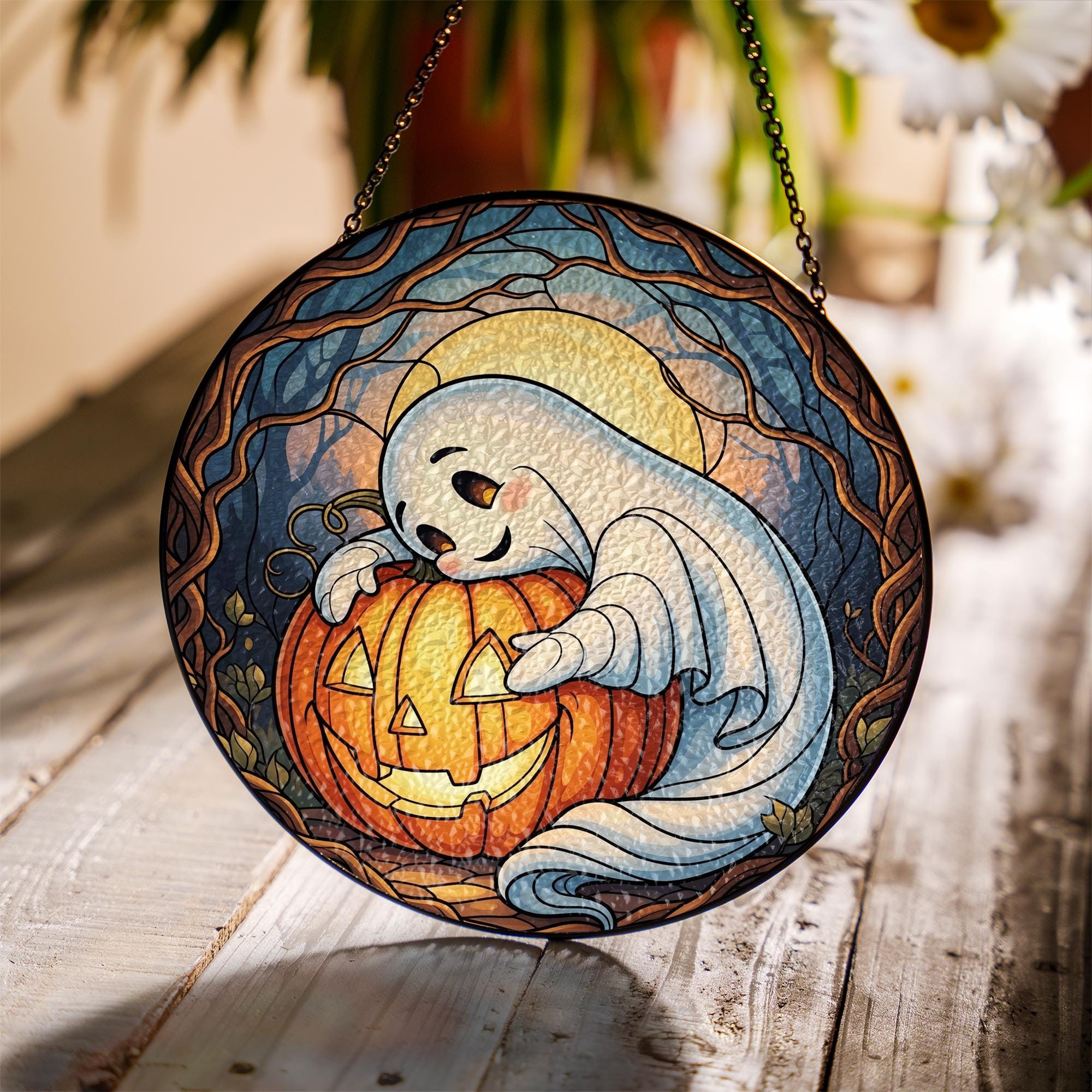 Adorable Ghost & Pumpkin Suncatcher | Halloween Stained Glass Art | Spooky Cute Home Decor | Unique Gift