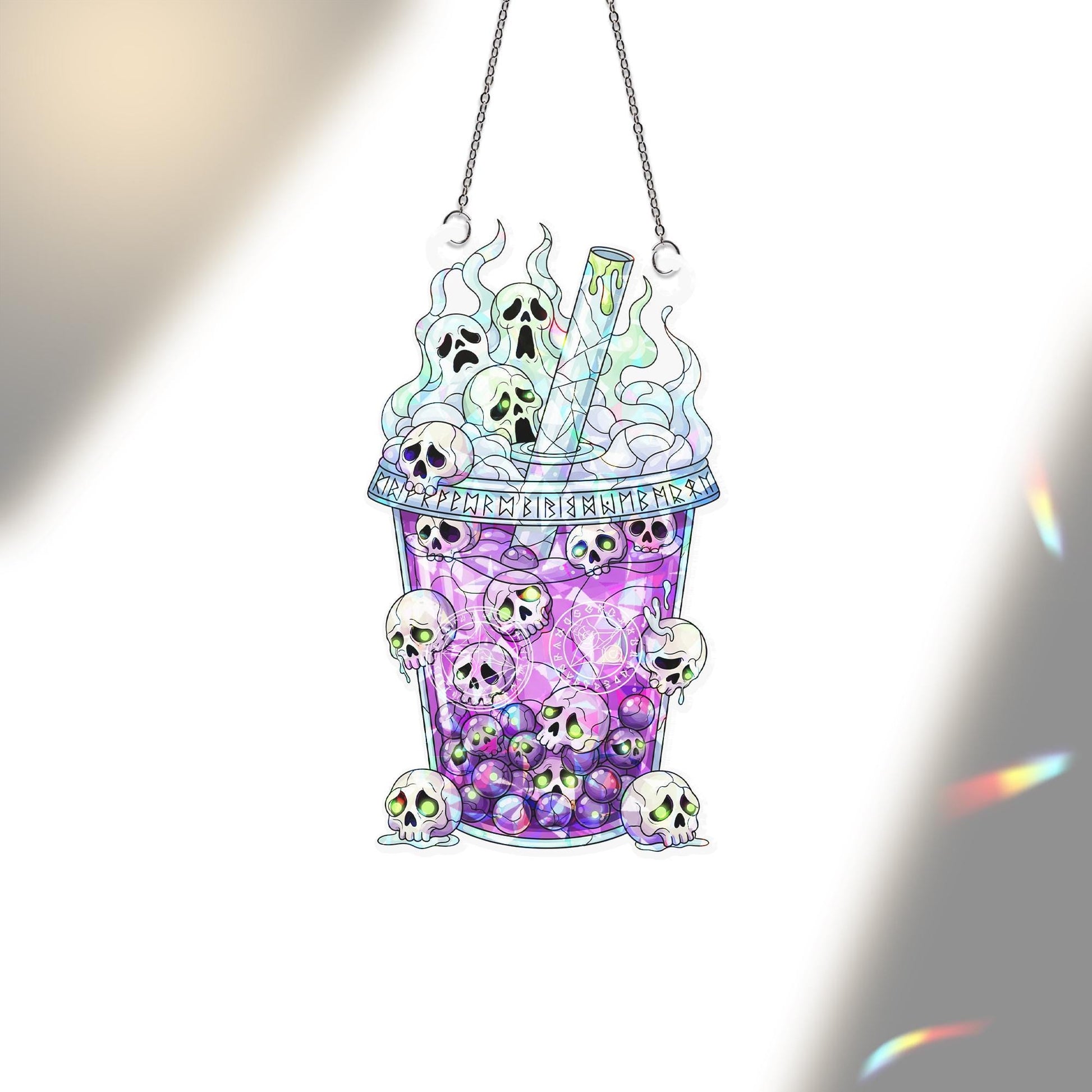 Skull Boba Suncatcher – Holographic Spooky Bubble Tea Halloween Window Decor