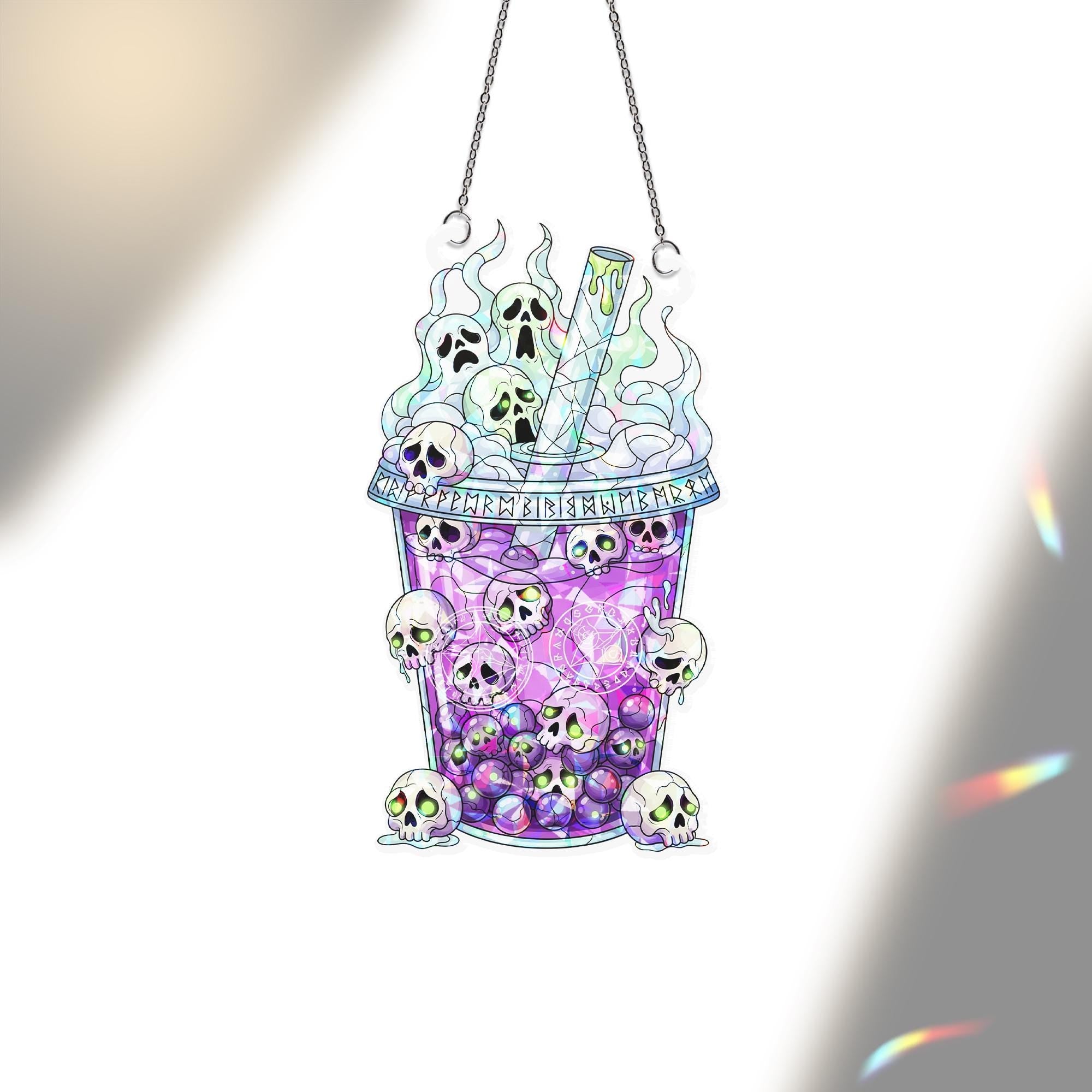 Skull Boba Suncatcher – Holographic Spooky Bubble Tea Halloween Window Decor