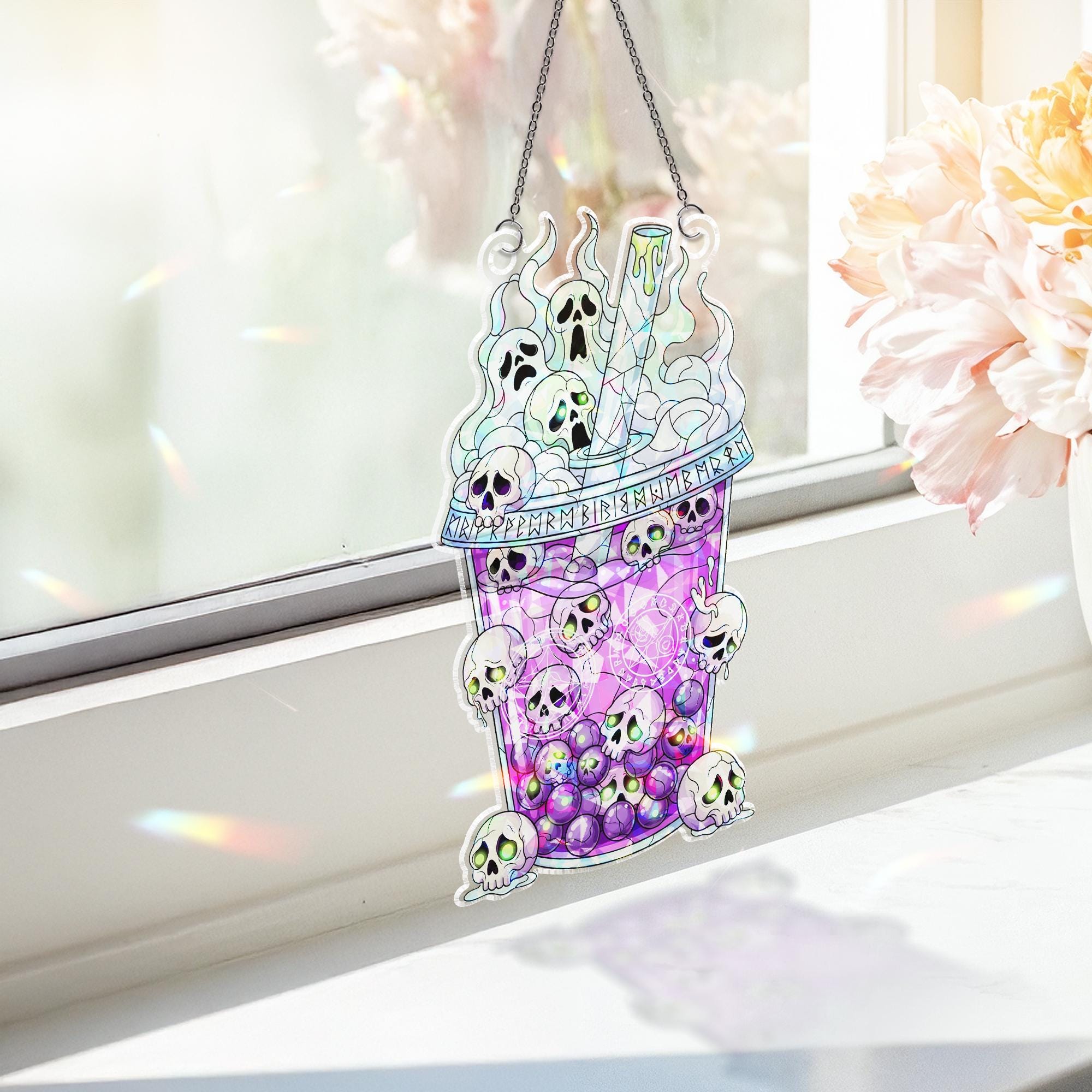 Skull Boba Suncatcher – Holographic Spooky Bubble Tea Halloween Window Decor