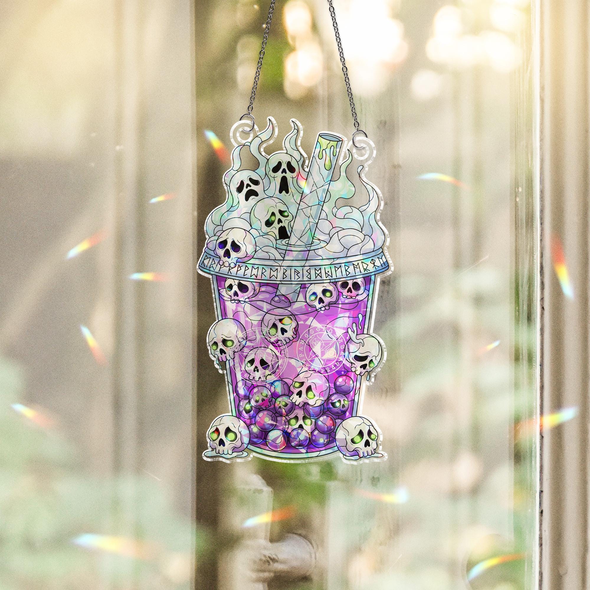 Skull Boba Suncatcher – Holographic Spooky Bubble Tea Halloween Window Decor
